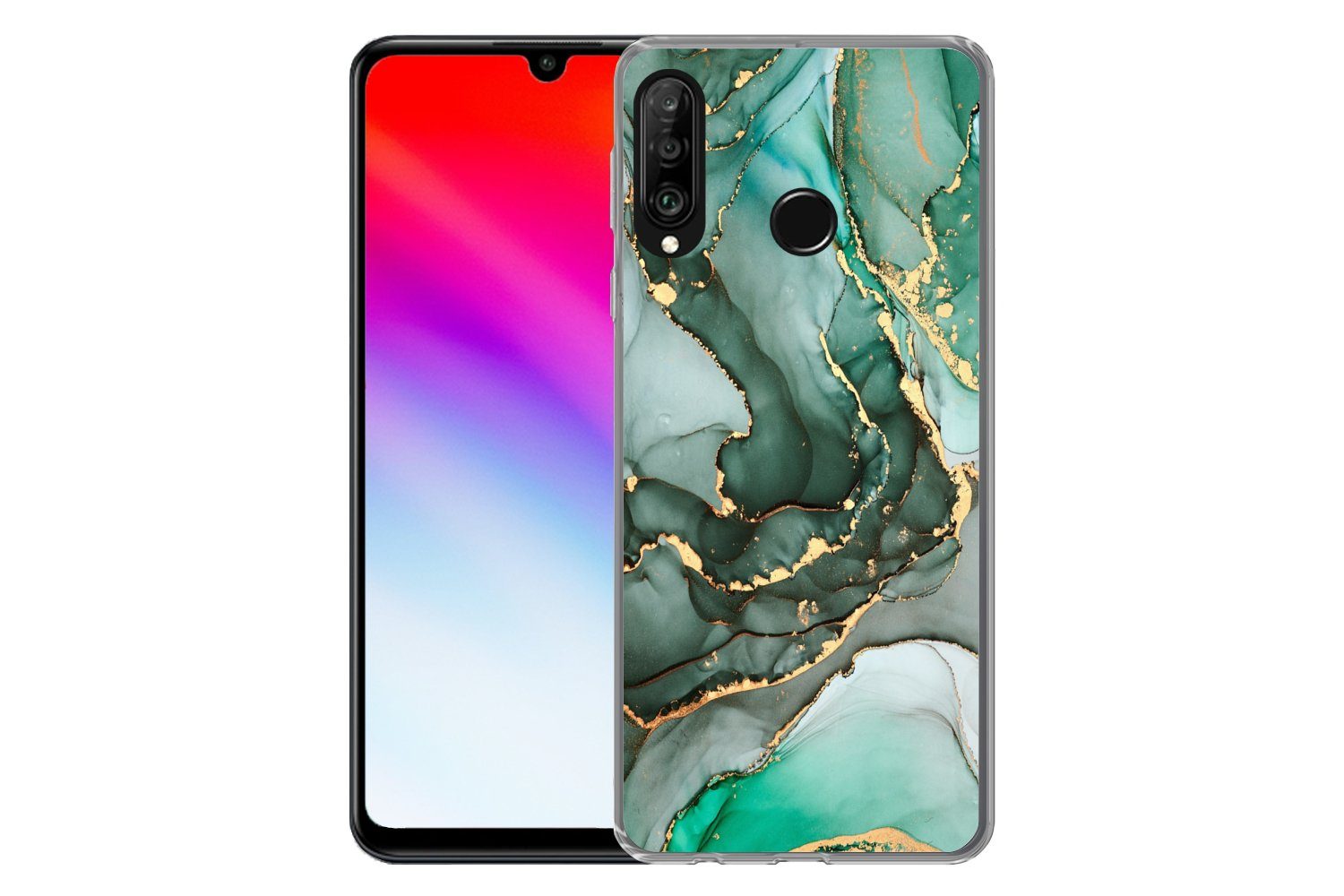 MuchoWow Handyhülle für Huawei P30 Lite Gold - Marmor - Grün - Luxus - Marmoroptik - Grau, Handy Case, Silikon, Bumper Case Dünn