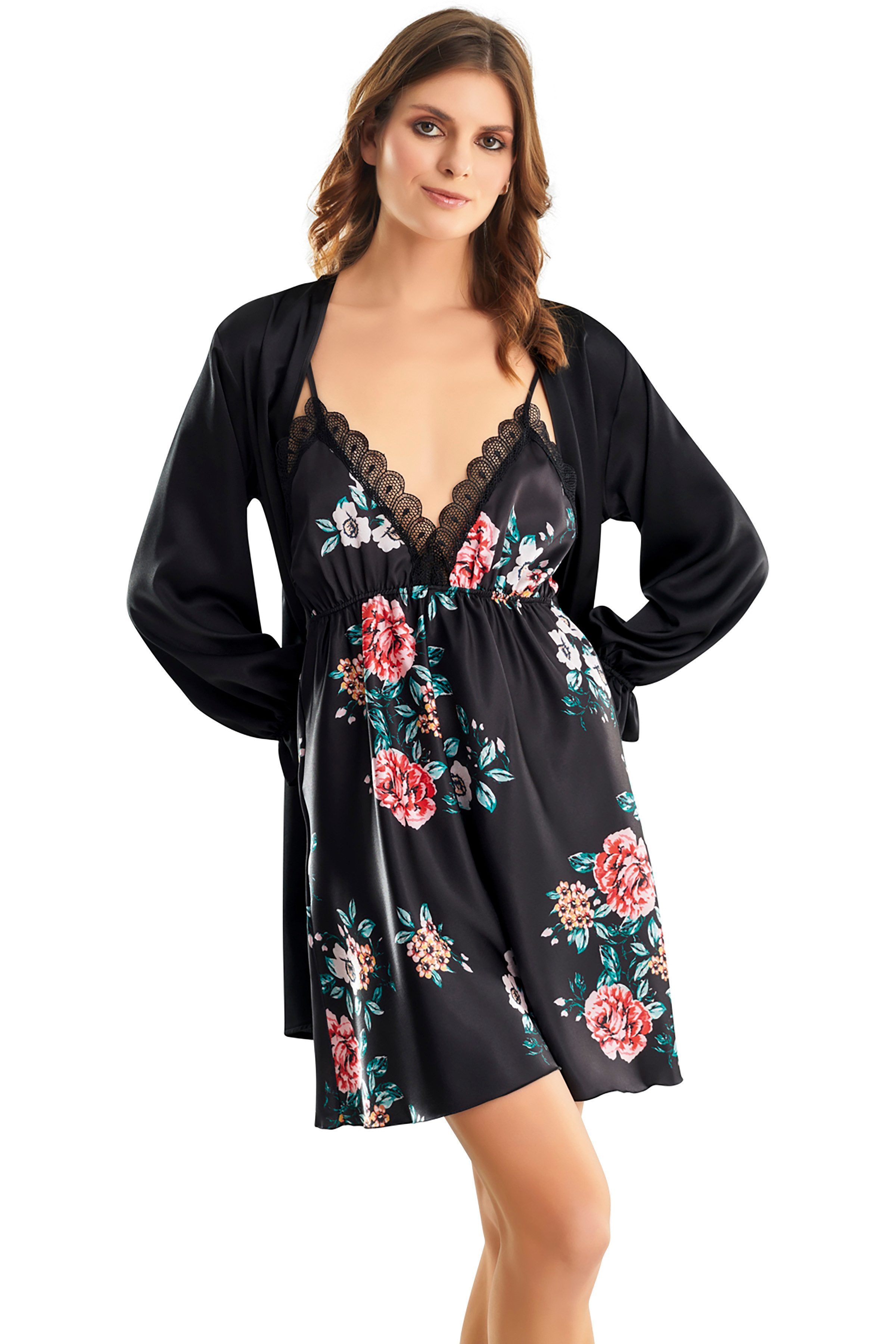 Nachthemd Kurzes Satin-Kleid-Set – Nachthemd mit Blumenmuster & Kimono 2-teiliges Set: Nachthemd + passender Kimono