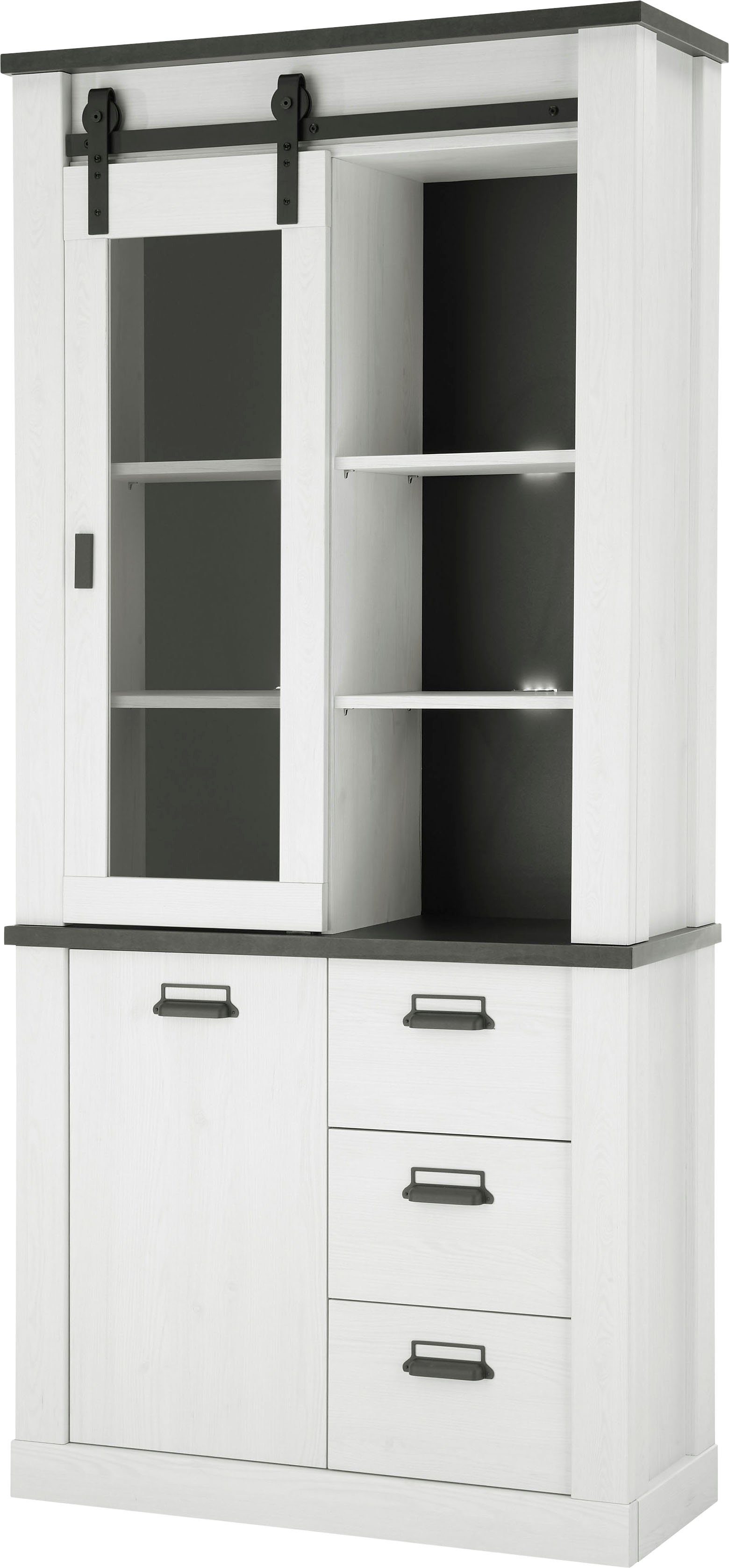 Home affaire Vitrine Sherwood, Hochschrank im Industrial-Style, moderne Glasvitrine Scheunentorbeschlag und Apothekergriffe aus Metall, …