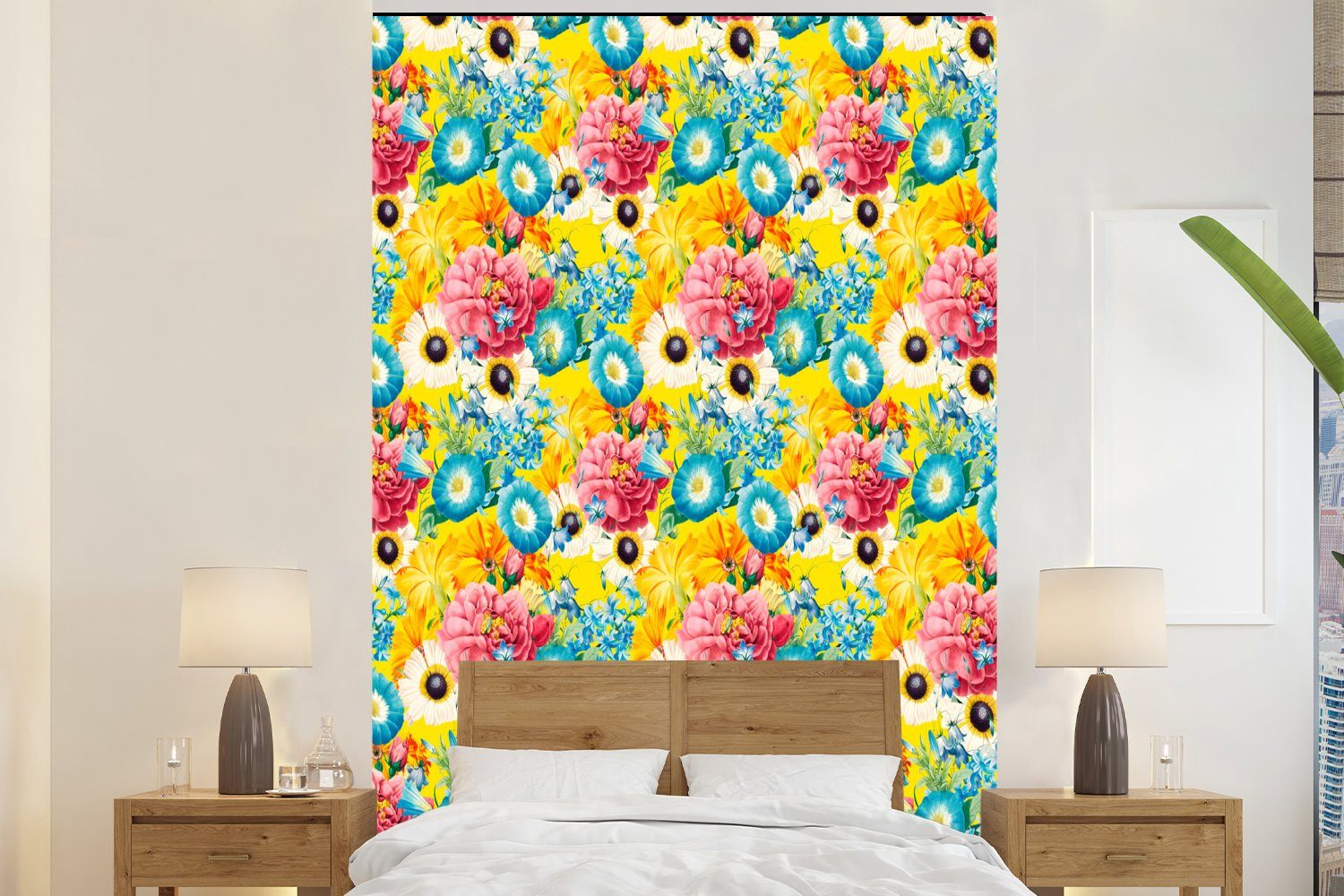 MuchoWow Fototapete - Tapete Farben, Blumen St), (3 Montagefertig Collage Wandtapete für Wohnzimmer, - bedruckt, Matt, Vinyl