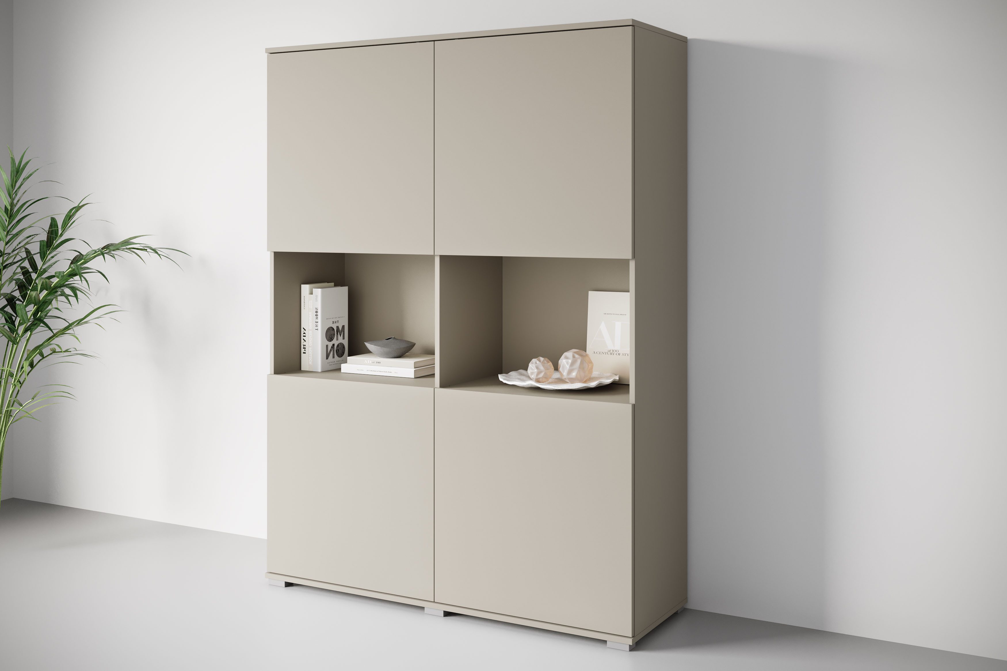 OTTO home Highboard Kenia Schrank, 120 cm breit, mit 4 Türen und 2 offenen Fächern (1 St), Griffloses Design mit Push-to-Open und verstellbaren Einlegeböden