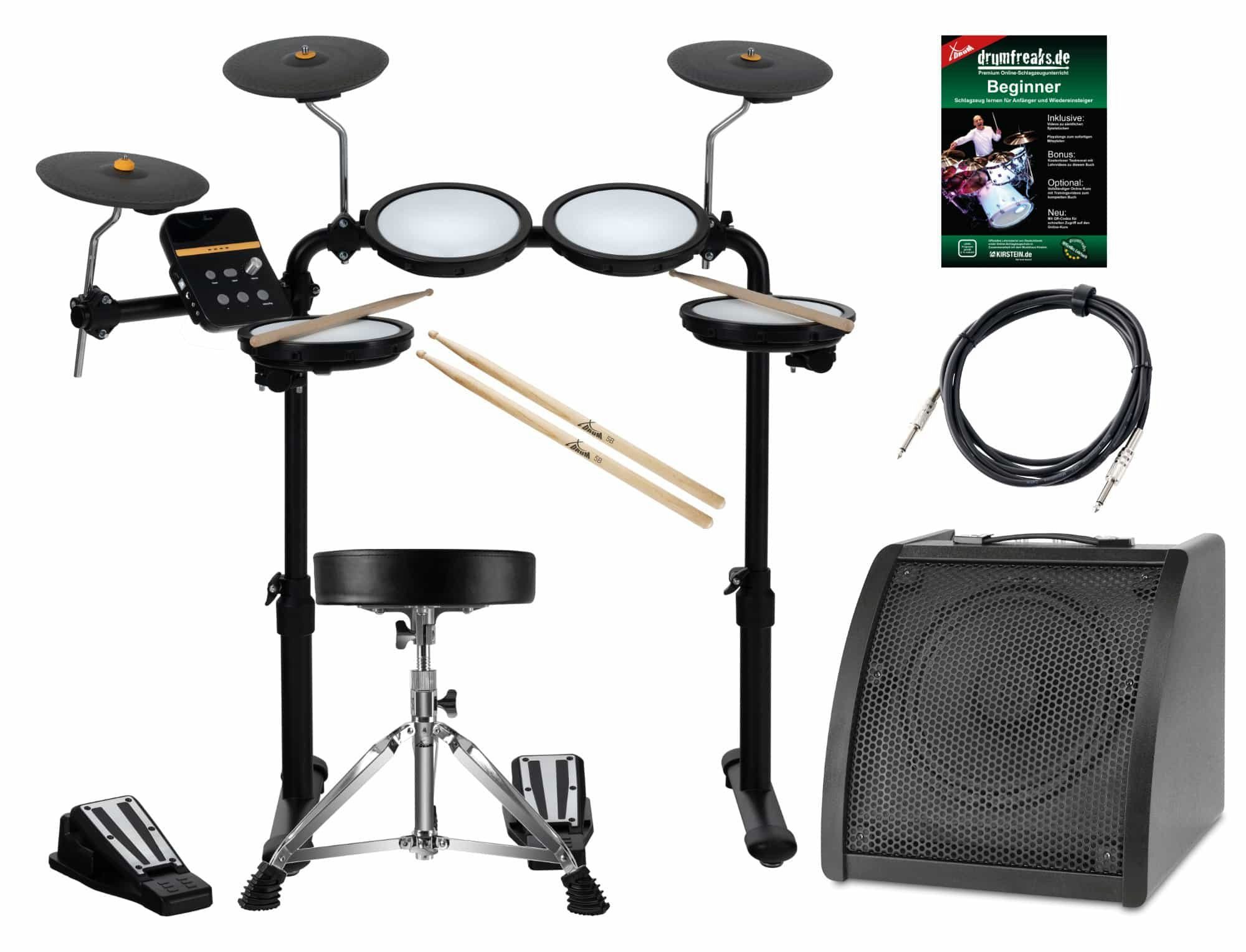 XDrum E-Drum DD-250 E-Drum Kit mit 4 Mesh Heads Pads - 3 Becken - Fußcontroller, 12-St., inkl. Drum Monitor, Hocker, Kopfhörer, Schule und Sticks
