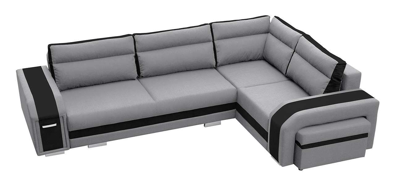Ecksofa mit und MKS Couch Hellgrau-schwarz - MÖBEL mit Minibar Inari L-Form Schlaffunktion NASSAN, Hocker