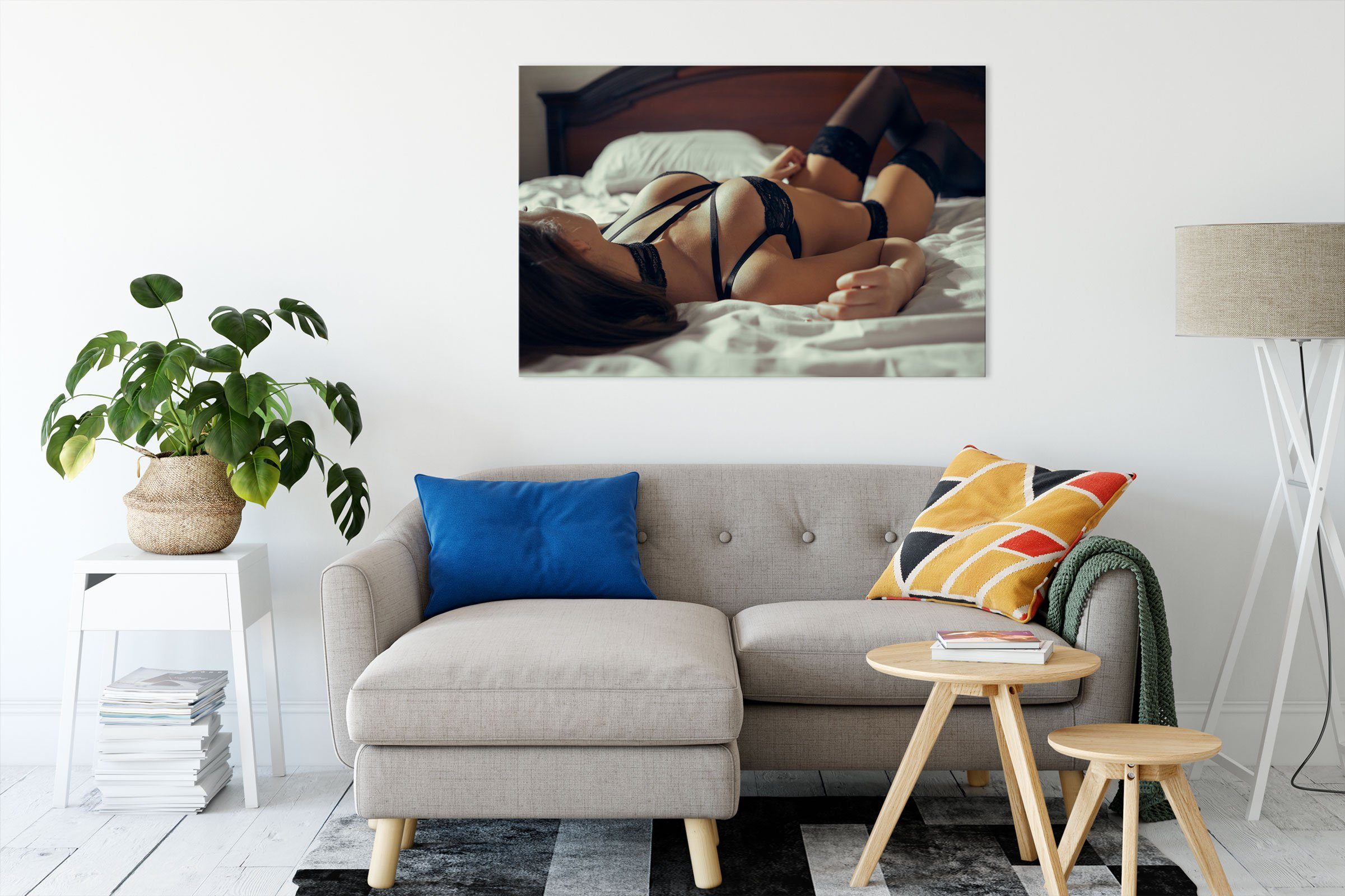 Pixxprint Leinwandbild Frau in erotischen Dessous auf Bett, Frau in erotisc günstig online kaufen