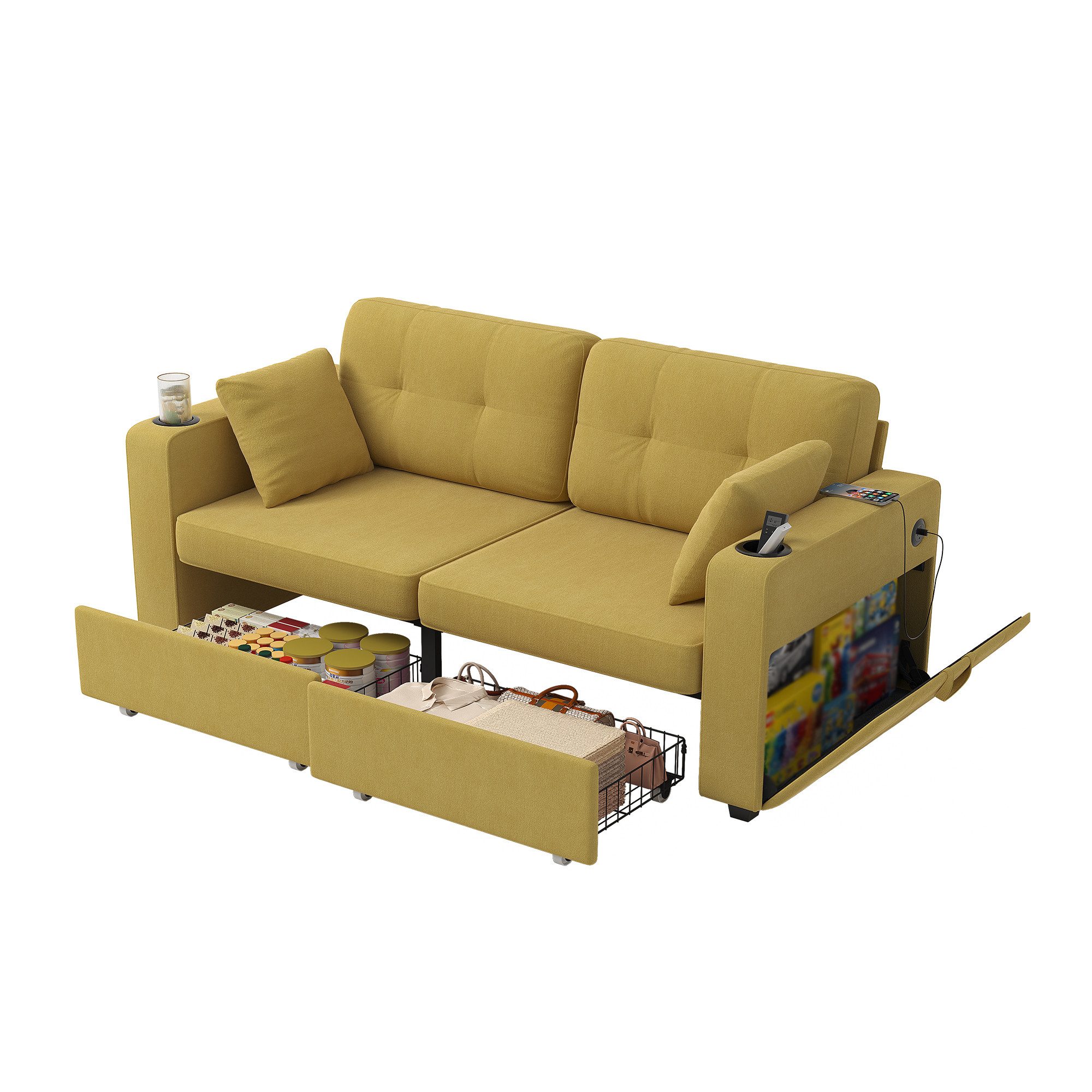 BlingBin 2-Sitzer Sofa mit Stauraum & USB, Couch modern mit Getränkehalter, 1er Set 1 Teile, mit versteckten Staufächern. Geeignet für Wohnzimmer, Wohnungen