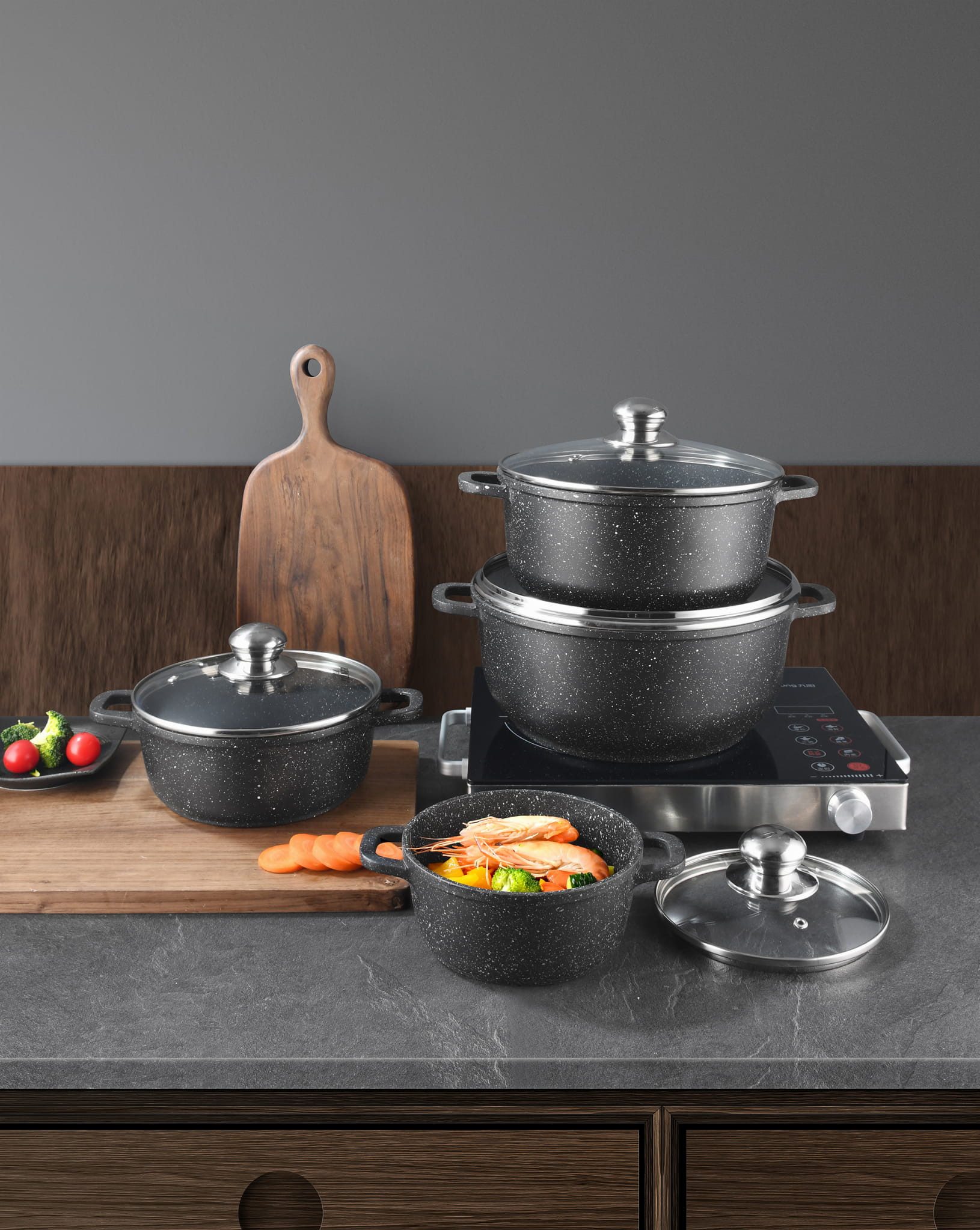 Zilner Topf-Set Schöne Töpfe in verschiedenen Größen mit Pfannen Steinbeschichtung, Aluminiumguss, Aluminium, Keramik, Edelstahl (1.3L / 2.4L / 3.4L / 4.6L / 6.3L / 6.9L, 17-tlg., Es ist eine perfekte Geschenkidee für jeden Anlass. Bestseller-Topfset), Innovative Aroma Knob-Griffe