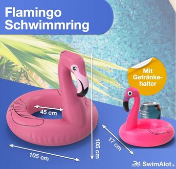 SwimAlot® Schwimmring Flamingoring 110 cm Schwimmring Flamingo + aufblasbarer Getränkehalter (Flamingo Set, 1-tlg., Schwimmring + Getränkehalter), 110 cm