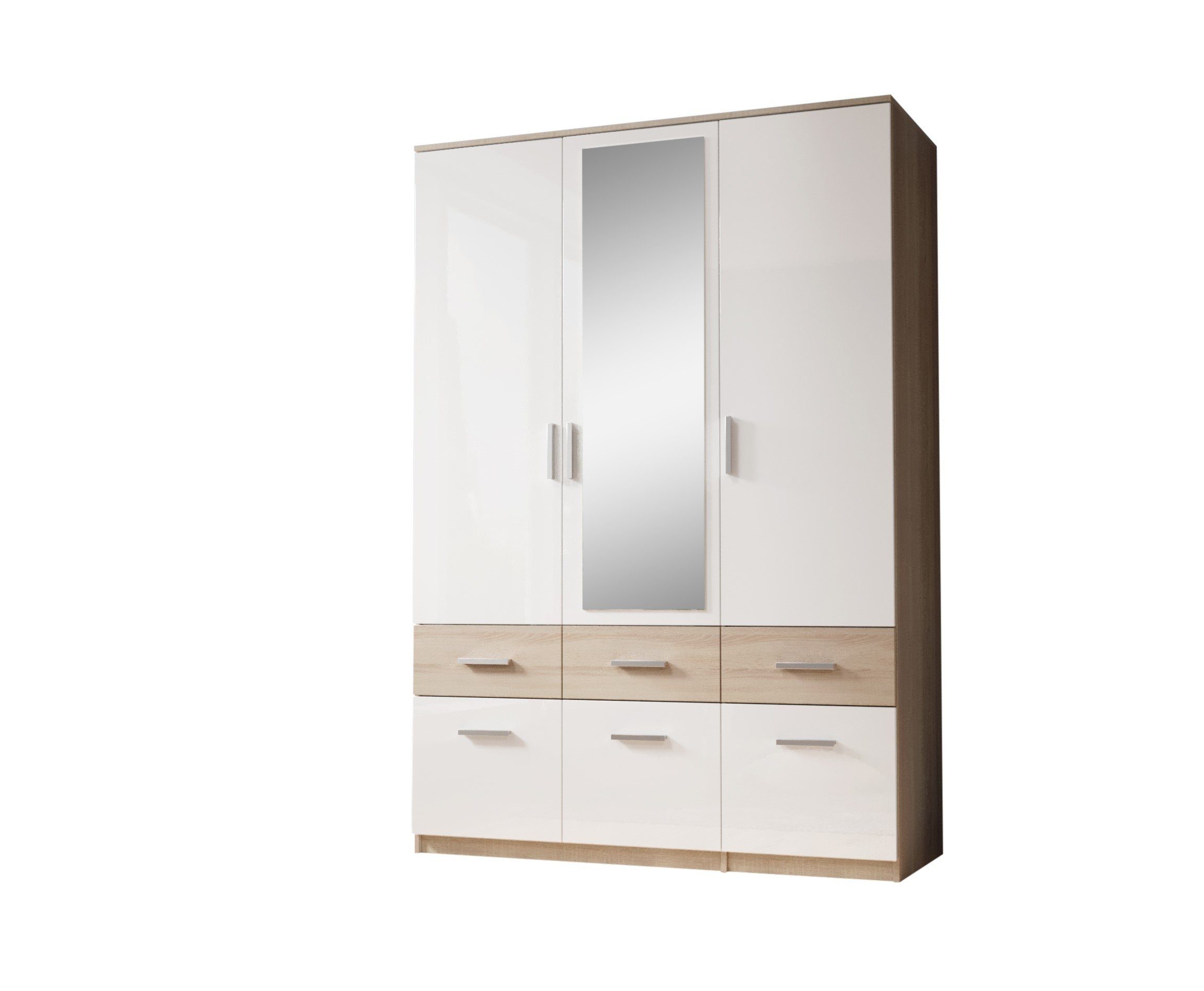 135x198x55 Sonoma Türen (BxHxT: Eiche mit / Box 6 Schubladen möbelando Kleiderschrank 3 und in cm) Weiß
