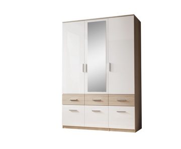 möbelando Kleiderschrank Box (BxHxT: 135x198x55 cm) in Sonoma Eiche / Weiß mit 6 Schubladen und 3 Türen