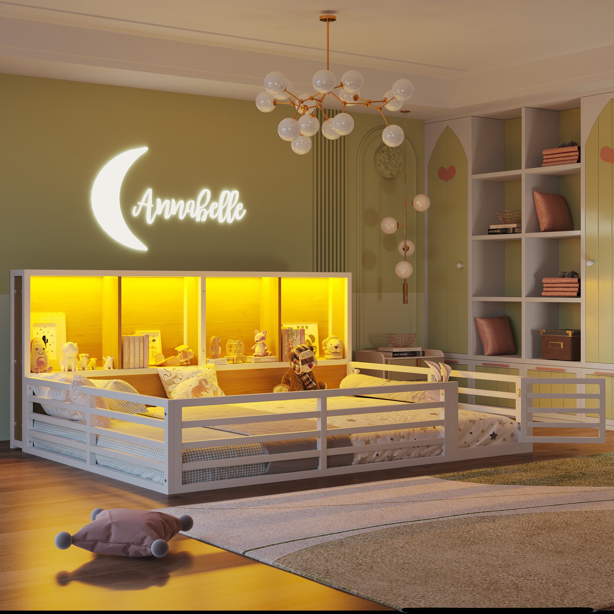Merax Kinderbett (Plattformbett aus Metallrahmen und MDF, 1-tlg., Daybed für Kinder & Jugendzimmer), Metall Zaunbett 140x200cm mit LED Ablagefächer Geländer Lat – Bild 4 von 5