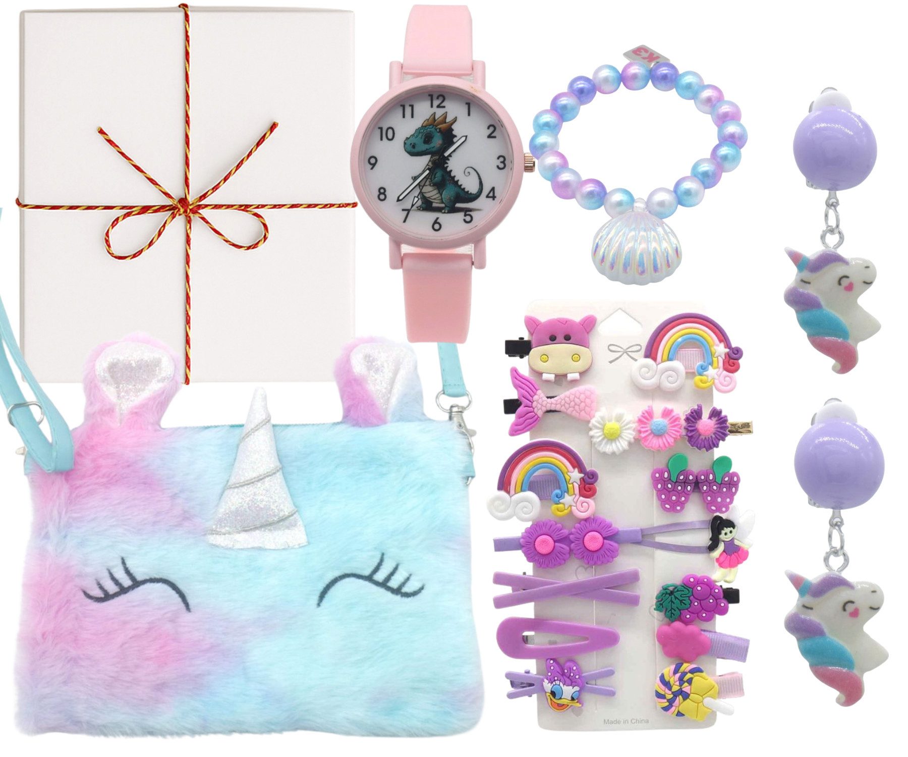 Quality Elegance Schmuckset Unicorn Dreams Geschenkset Mädchen – Tasche, Uhr, Haarschmuck & Schmuc