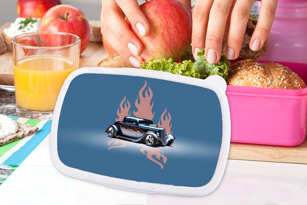 Blau - Mädchen, MuchoWow Kunststoff Kinder, für rosa Brotbox Flammen Lunchbox - Vintage, Brotdose Kunststoff, Snackbox, Erwachsene, (2-tlg), Auto -