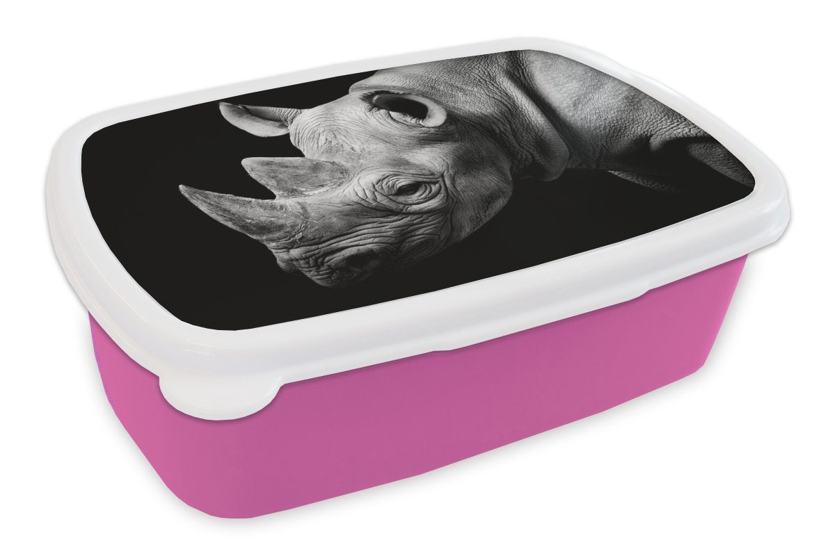 MuchoWow Lunchbox Tiere - Nashorn - Schwarz - Weiß - Porträt, Kunststoff, (2-tlg), Brotbox für Erwachsene, Brotdose Kinder, Snackbox, Mädchen, Kunststoff rosa