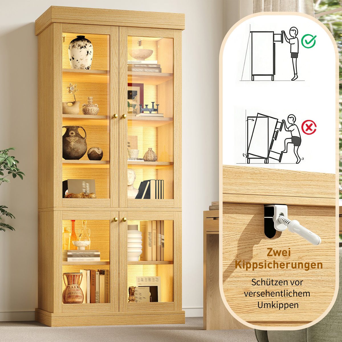 Odikalo Vitrine Vitrineschrank Glasvitrine mit LED (durchdachter Innenaufteilung und Kippschutz, stabil, sicher und vielseitig für Zuhause) 80×40×180cm – Bild 4 von 5