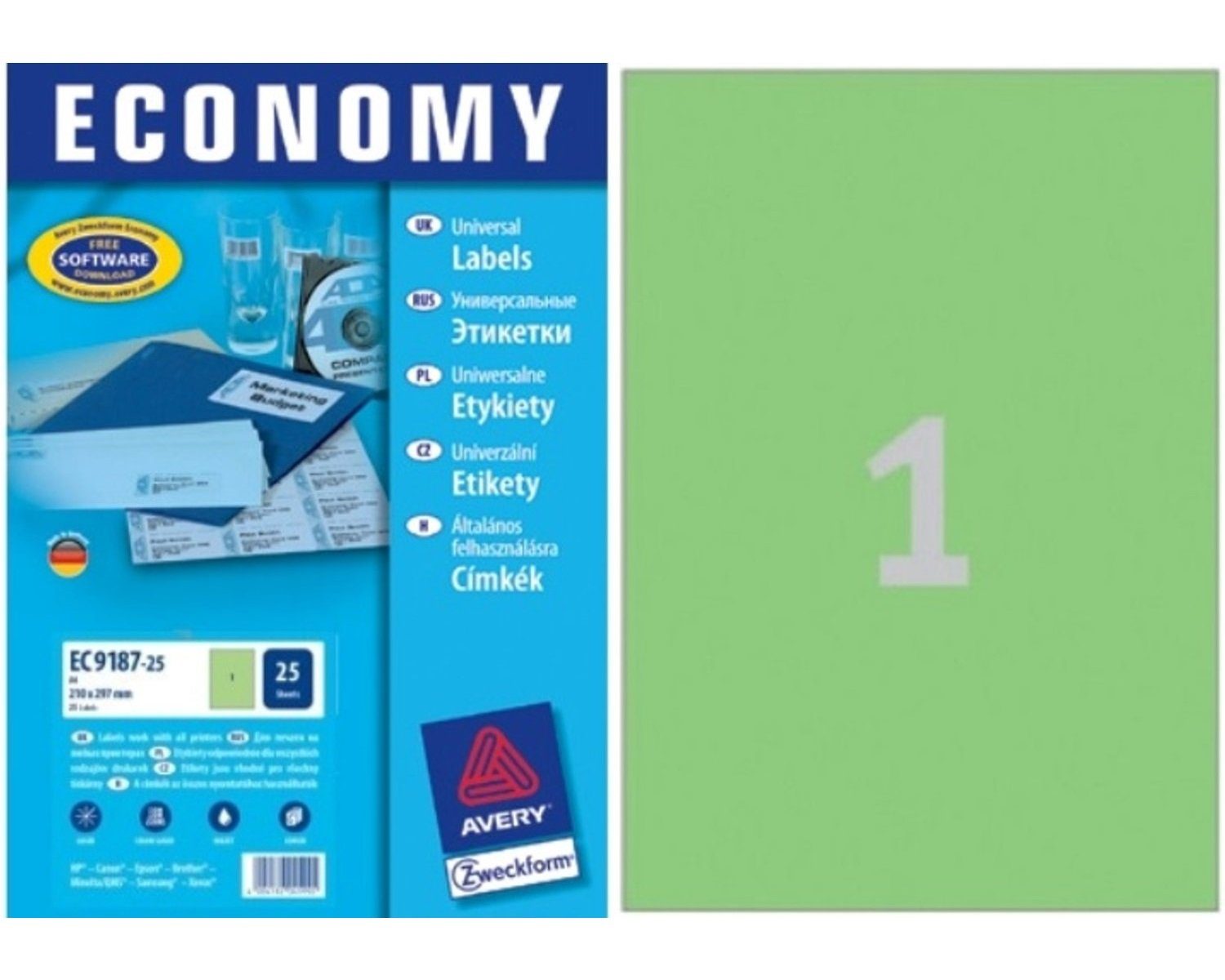 Avery Zweckform Etiketten 25x Etiketten Wiederablösbar DIN A4 Grün, Selbstklebend Hinweis-Schilder Warn-Aufkleber für alle A4 Drucker