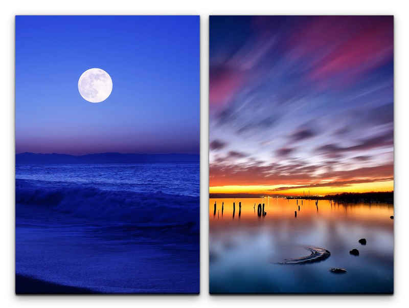 Sinus Art Leinwandbild 2 Bilder je 60x90cm Vollmond Nachthimmel Meer Flut Horizont Blau Sonnenuntergang