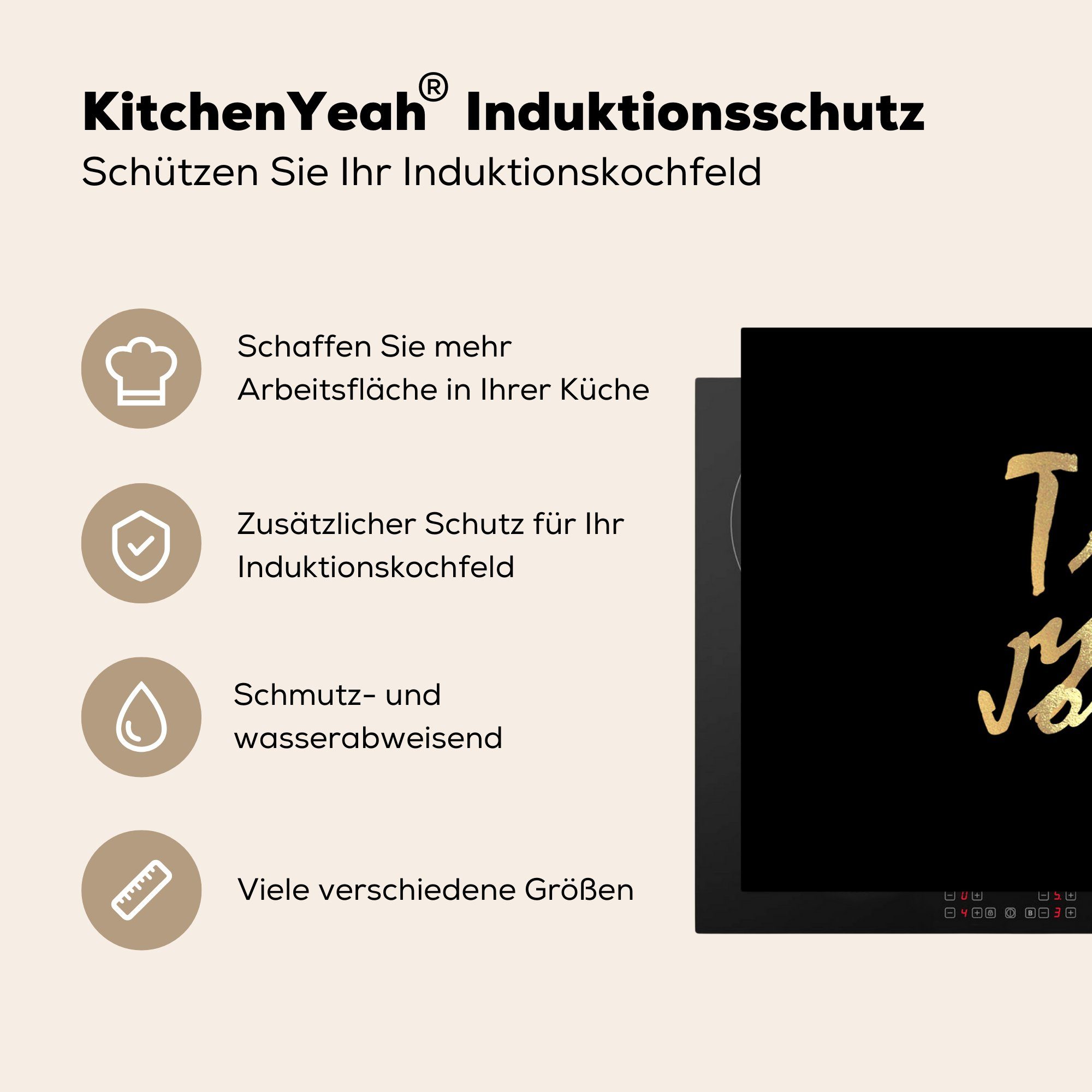 küche, 81x52 cm, (1 Vinyl, Herdblende-/Abdeckplatte die Reisen Induktionskochfeld - Zitate Schwarz Gold, Ceranfeldabdeckung tlg), - Schutz MuchoWow - für