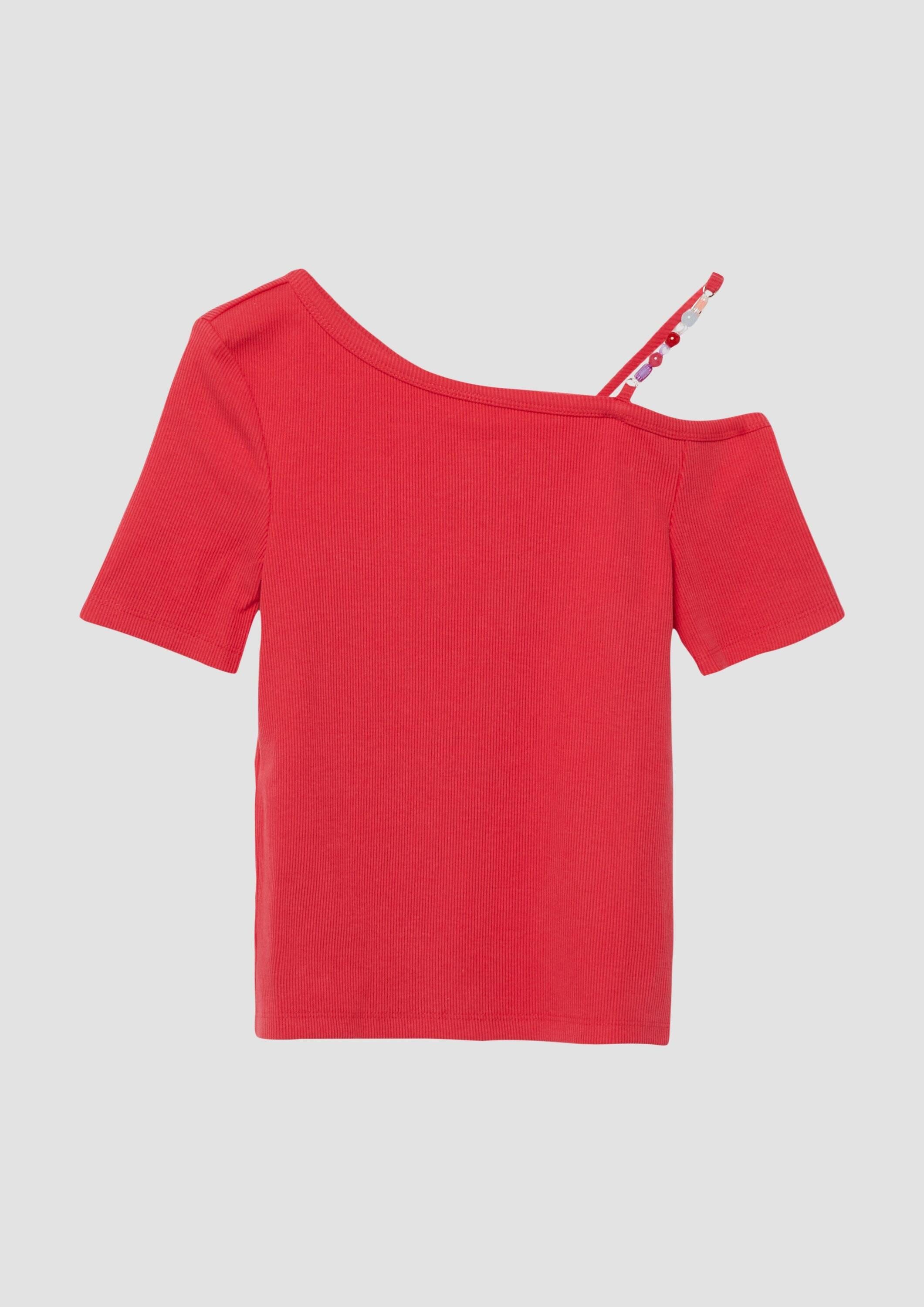 s.Oliver Kurzarmshirt T-Shirt Rippshirt mit asymmetrischem Ausschnitt und Schmuckperlen