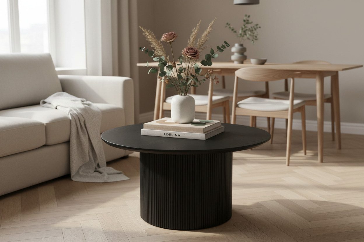 HOME DELUXE Couchtisch LINA - 90 x 90 x 40 cm, runder Wohnzimmertisch - Dark Oak mit Lamellen Standfuß