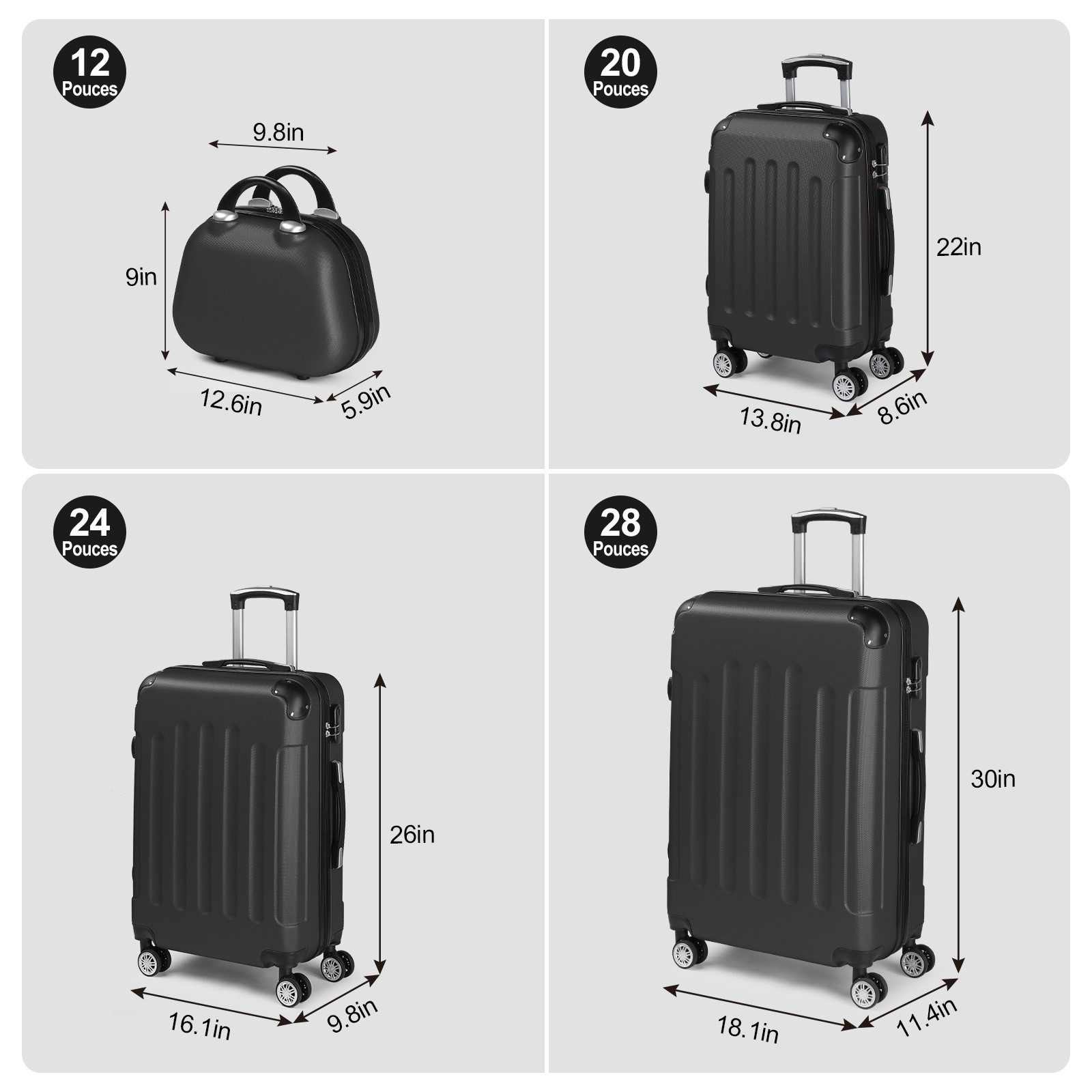 LALAHO Trolleyset Reisekoffer Set Hartschalenkoffer Trolley mit 360° Rollen, 4 Rollen, (4 tlg), Koffer Set aus ABS mit Kosmetikkoffer, Handgepäck, Schwarz