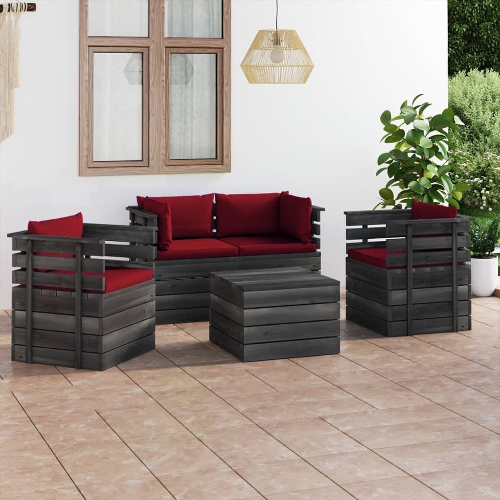 vidaXL Gartenlounge-Set 5-tlg. Garten-Sofagarnitur aus Paletten mit Kissen Kiefernholz, (5-tlg) Weinrot