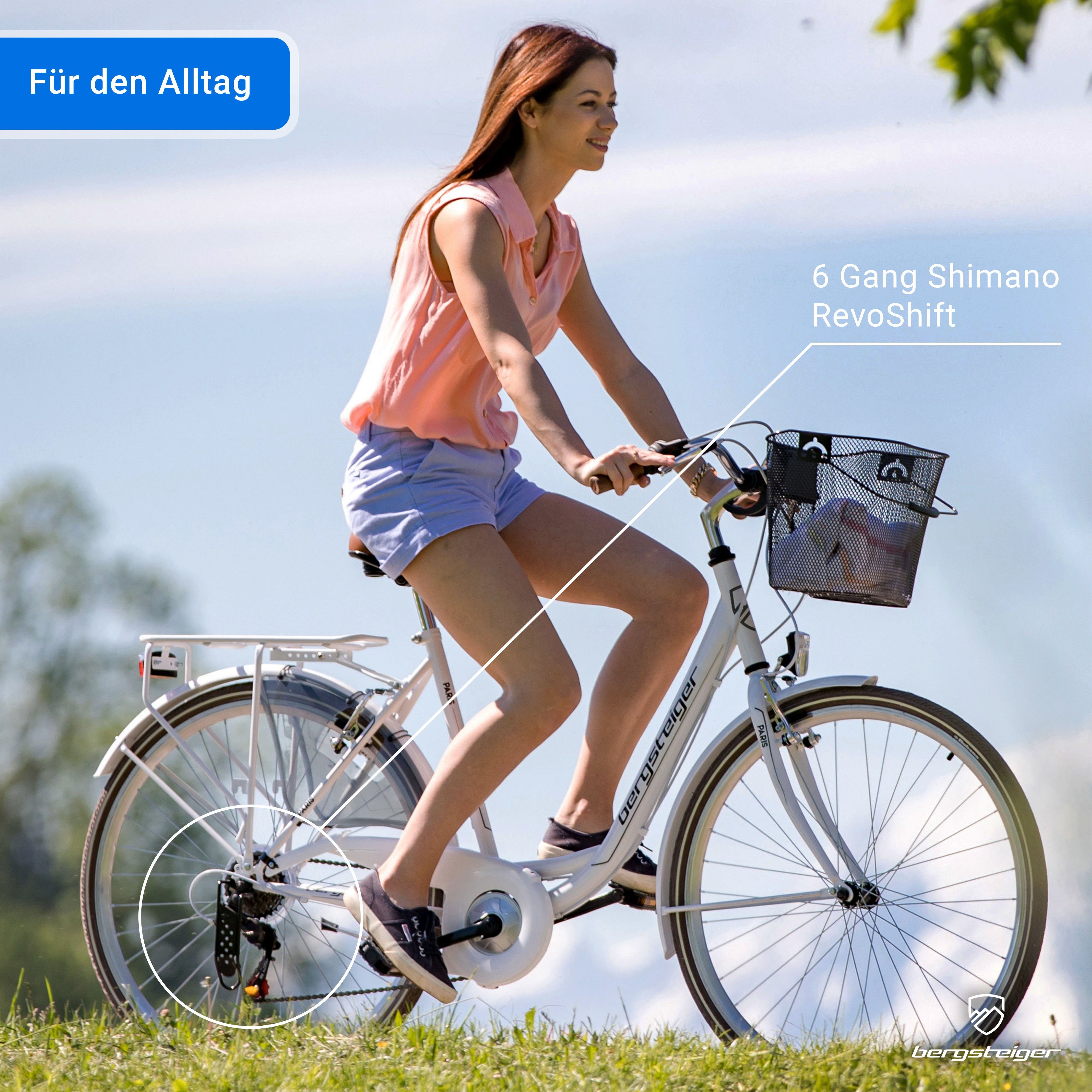 bergsteiger Cityrad Paris 26 Zoll, 28 Zoll Damenfahrrad, ab 140 cm, Korb, Licht, 6 Gang Shimano Tourney RD-TZ50 Schaltwerk, Kettenschaltung, V-Bremsen