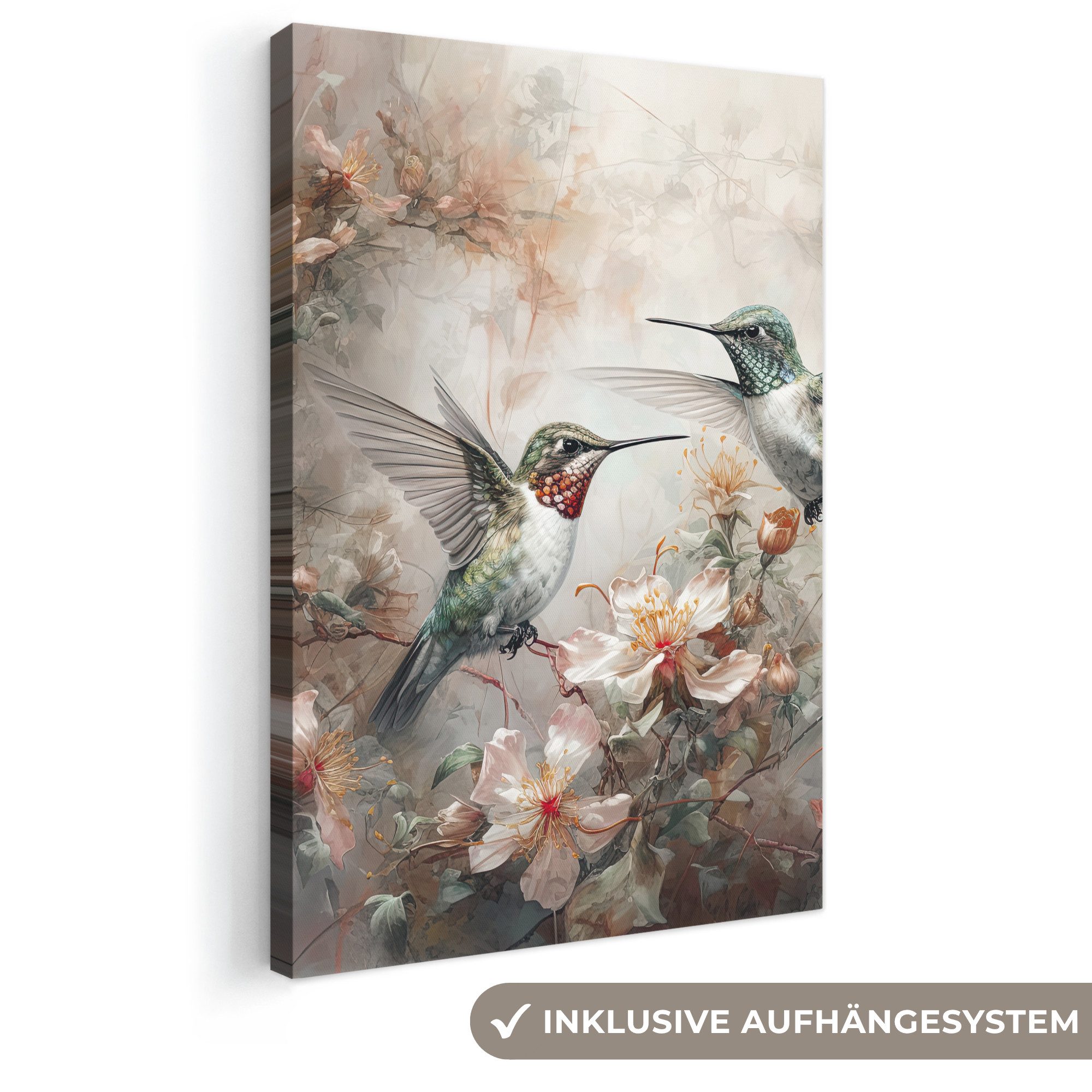 OneMillionCanvasses® Leinwandbild Kolibri - Vögel - Blumen - Pflanzen, Fotodruck (1 St), Leinwand Canvas Wandbild, Wanddekoration 20x30 cm