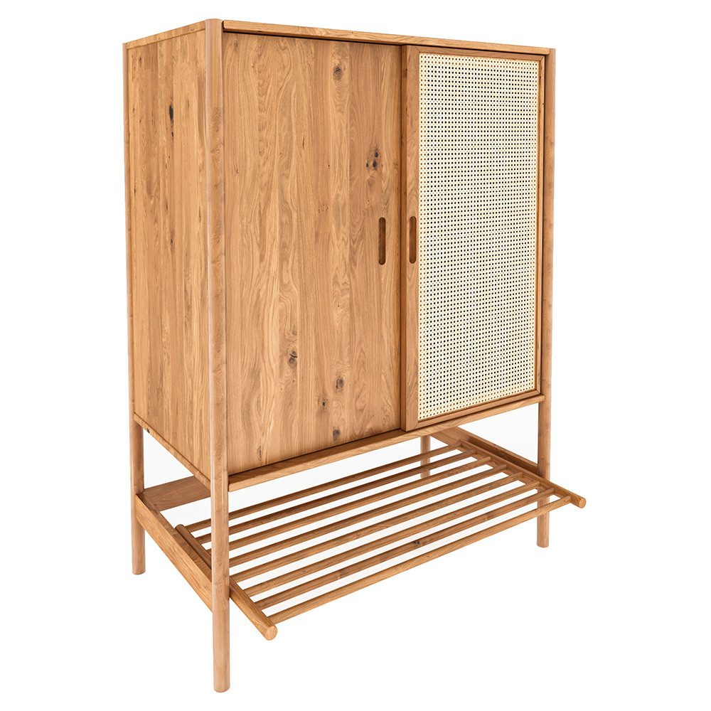 Lomadox Garderobenschrank PORI-165 Eiche massiv geölt, 108 cm breit, Rattengeflecht, montierte Lieferung