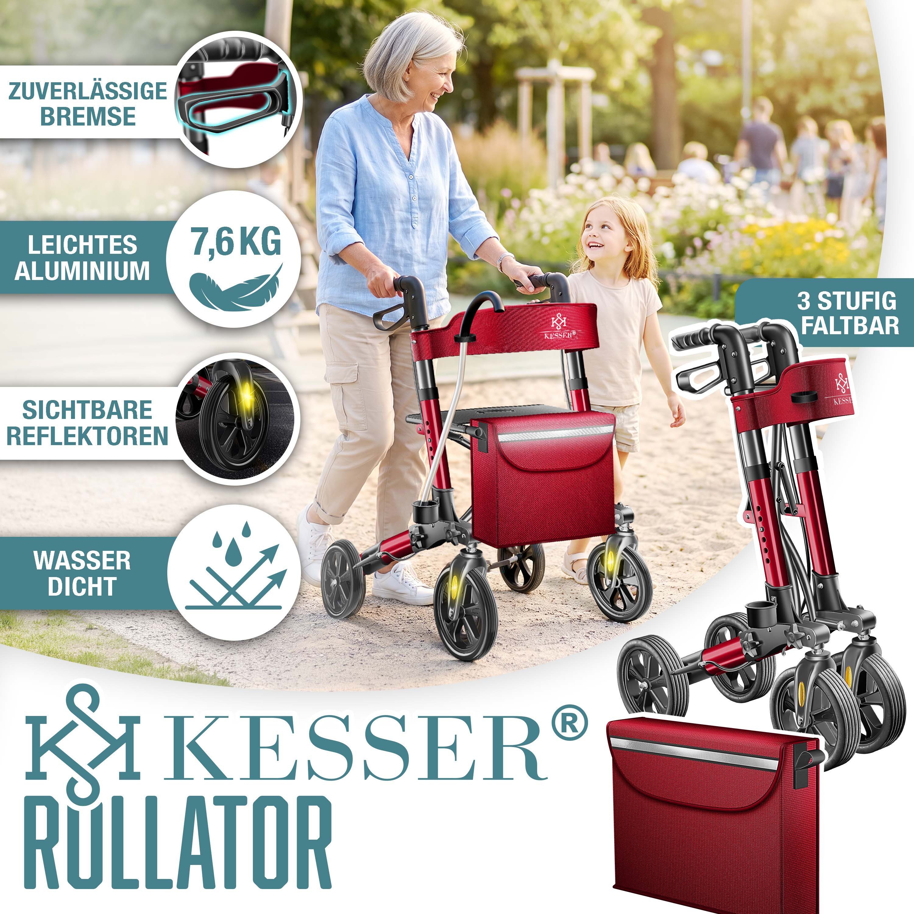 KESSER Rollator Aluminium – faltbar, höhenverstellbar & bis 136 kg belastbar, wetterbeständig, Tasche, Stockhalter, Reflektoren, 360° Gelände Reifen