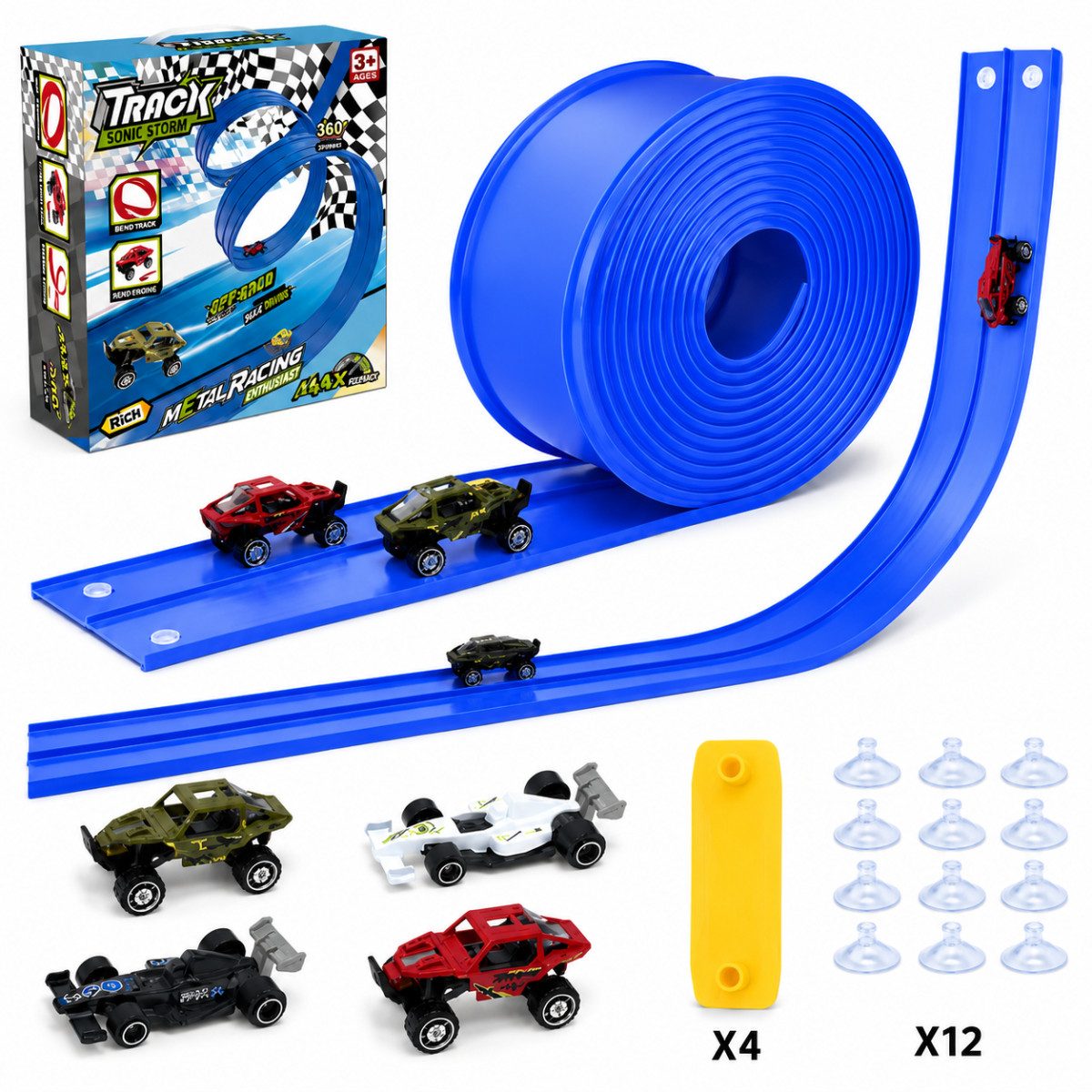 R2 Invest Autorennbahn 4 m flexibel mit 360° Looping 4 Metallautos und Saugnäpfen ab 3 Jahren