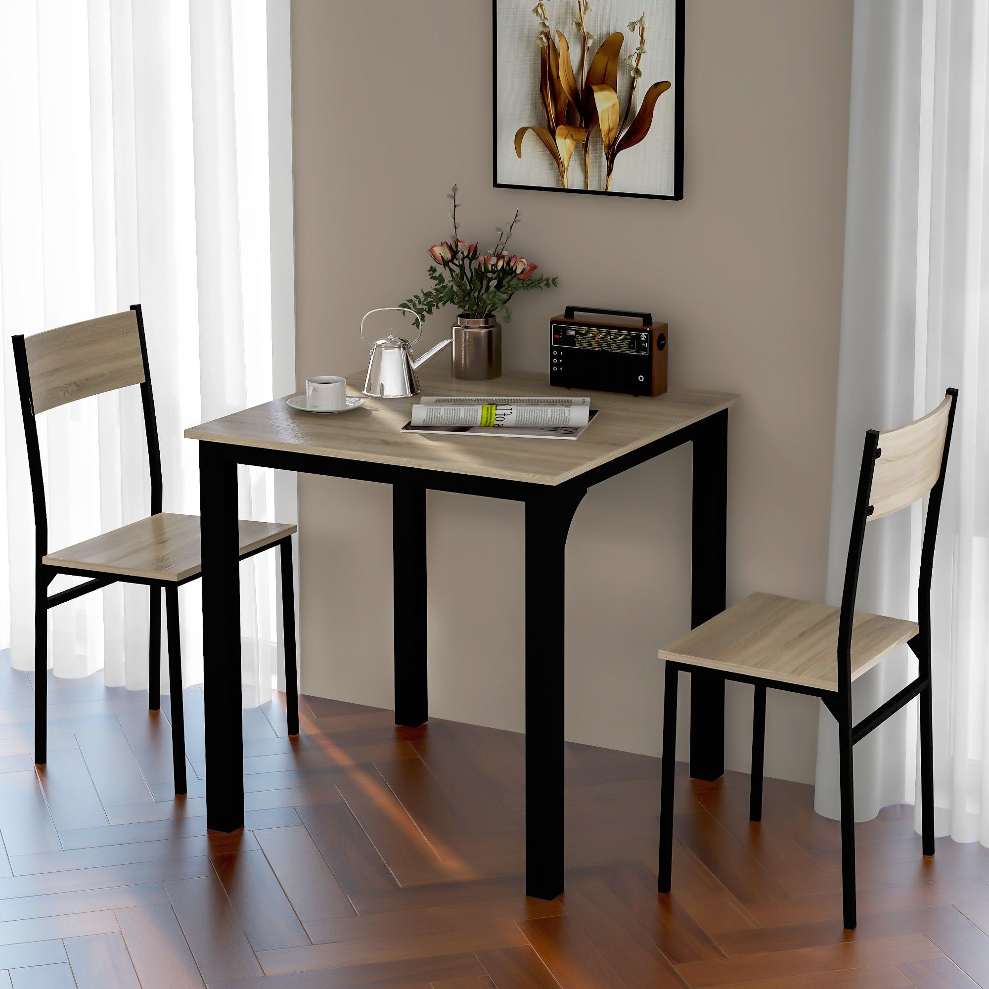 | für (set,3-tlg), Natural Esszimmer Natur Stühlen Flieks Essgruppe, Wohnzimmer Küchentisch Küche mit 2 Sitzgruppe