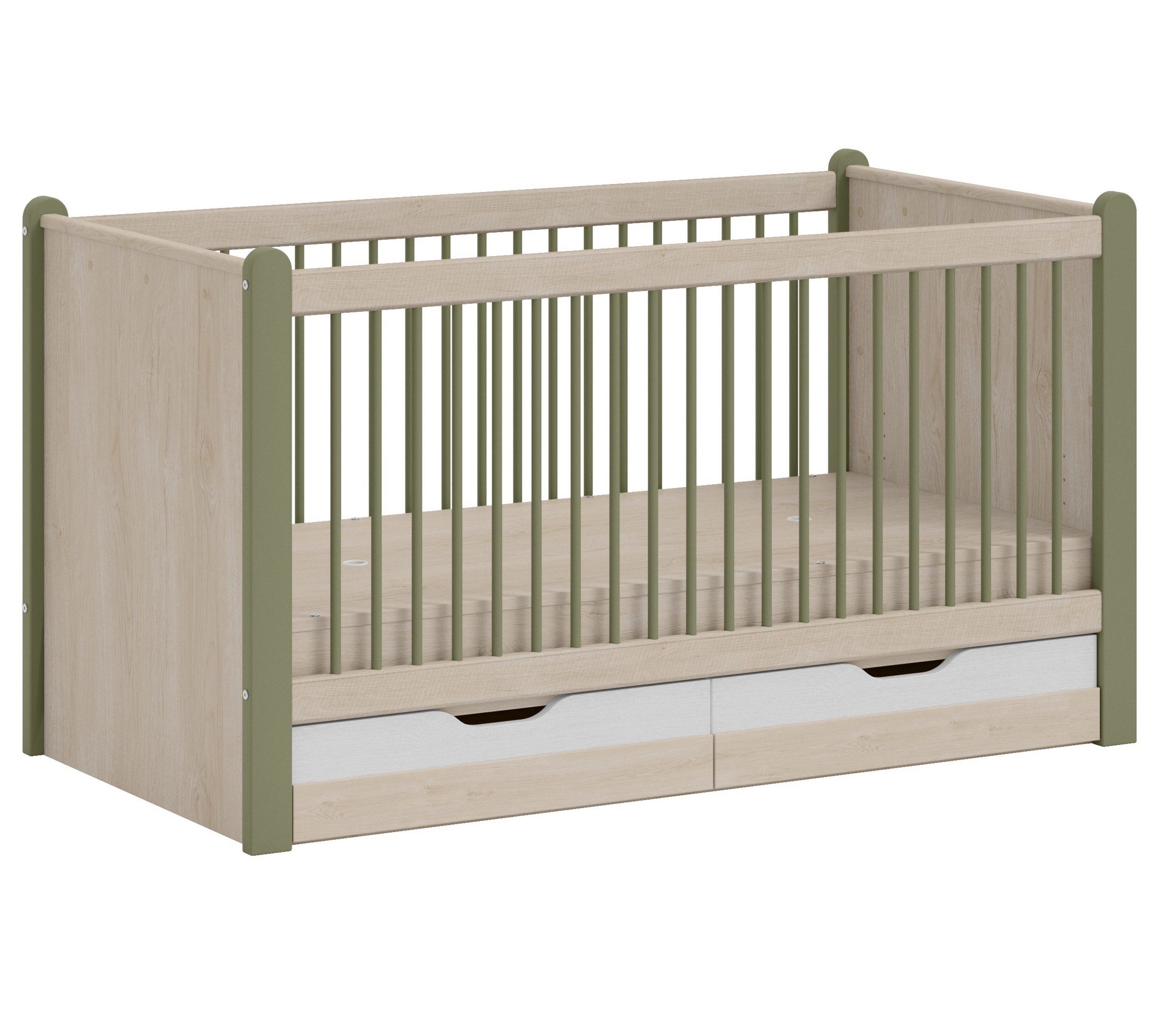 Möbel-Zeit Babybett JOY 70x140 cm – Kinderbett mit großer Schublade – Grün/Natur