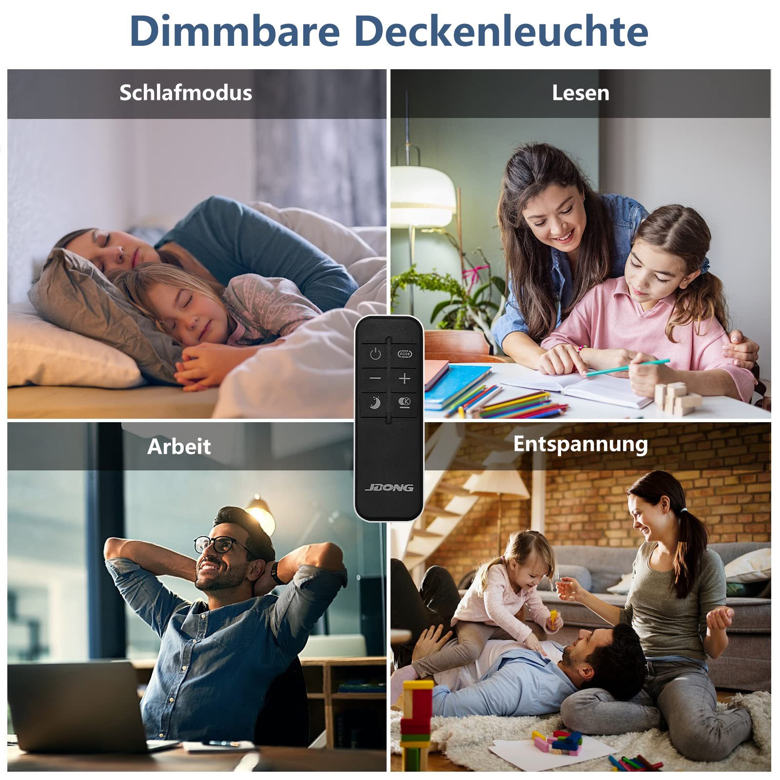 JDONG LED Deckenleuchte Flach Rund Schwarz 50cm Deckenlampe Dimmbar 3000K-6000K, LED fest integriert, Kaltweiß, Warmweiß, Neutralweiß, mit Fernbedienung für Schlafzimmer Kinderzimmer Büro Wohnzimmer
