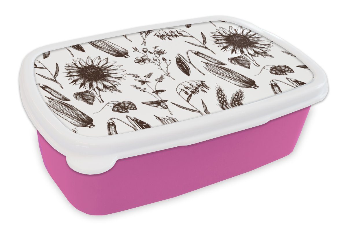 MuchoWow Lunchbox Muster - Pflanzen - Schwarz - Weiß, Kunststoff, (2-tlg), Brotbox für Erwachsene, Brotdose Kinder, Snackbox, Mädchen, Kunststoff rosa