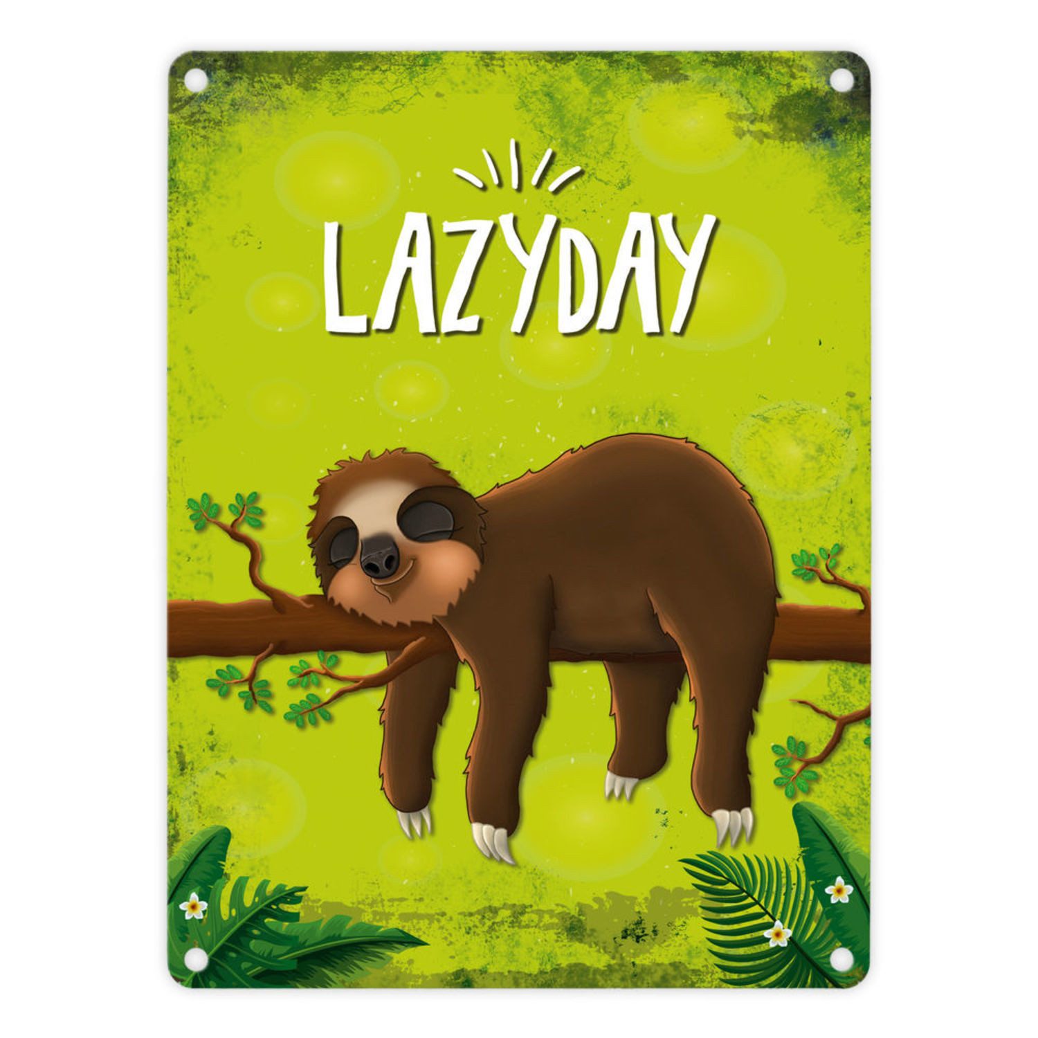 Metallschild Metallschild mit Faultier auf Baum Motiv und Spruch: Lazyday Schild