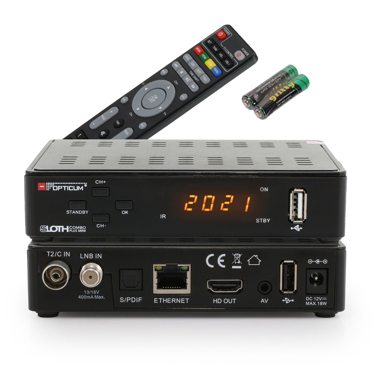 RED OPTICUM »Sloth Combo Plus Mini« SAT-Receiver (DVB-C DVB-T2 & DVB-S2  Receiver mit Aufnahmefunktion PVR I Kombi-Receiver HD mit LED Display -  HDMI - S/PDIF - Ethernet - USB - IR Sensor -