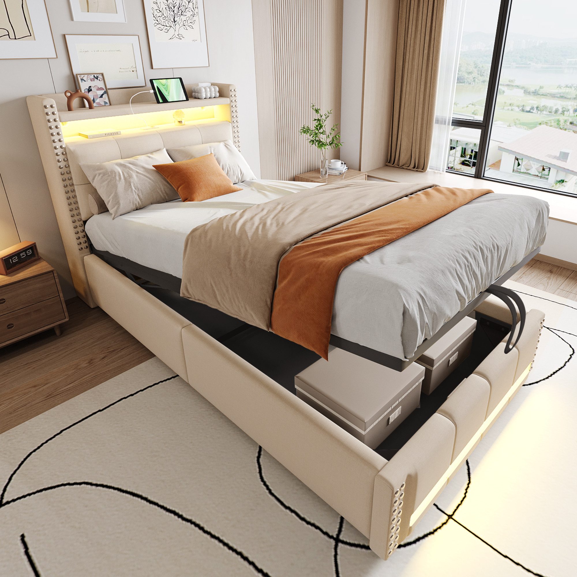 Flieks Polsterbett, LED Hydraulisches Stauraumbett Einzelbett 90x200cm mit günstig online kaufen