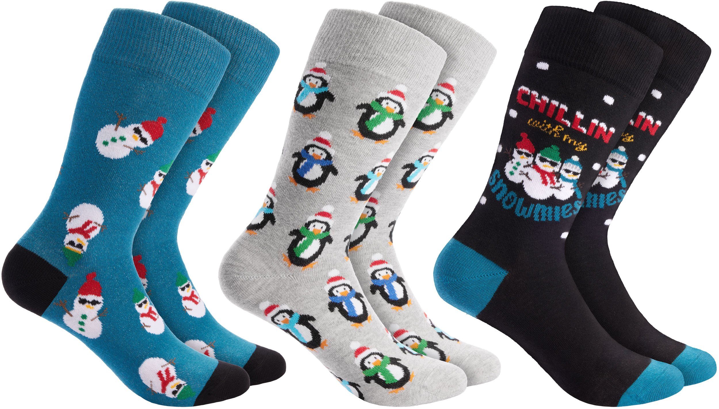 BRUBAKER Socken Weihnachtssocken - Lustige Schneemänner und Pinguine, Chillin with Herren (3-Paar, my Socken Damen und Unisex Snowmies für Baumwollsocken)
