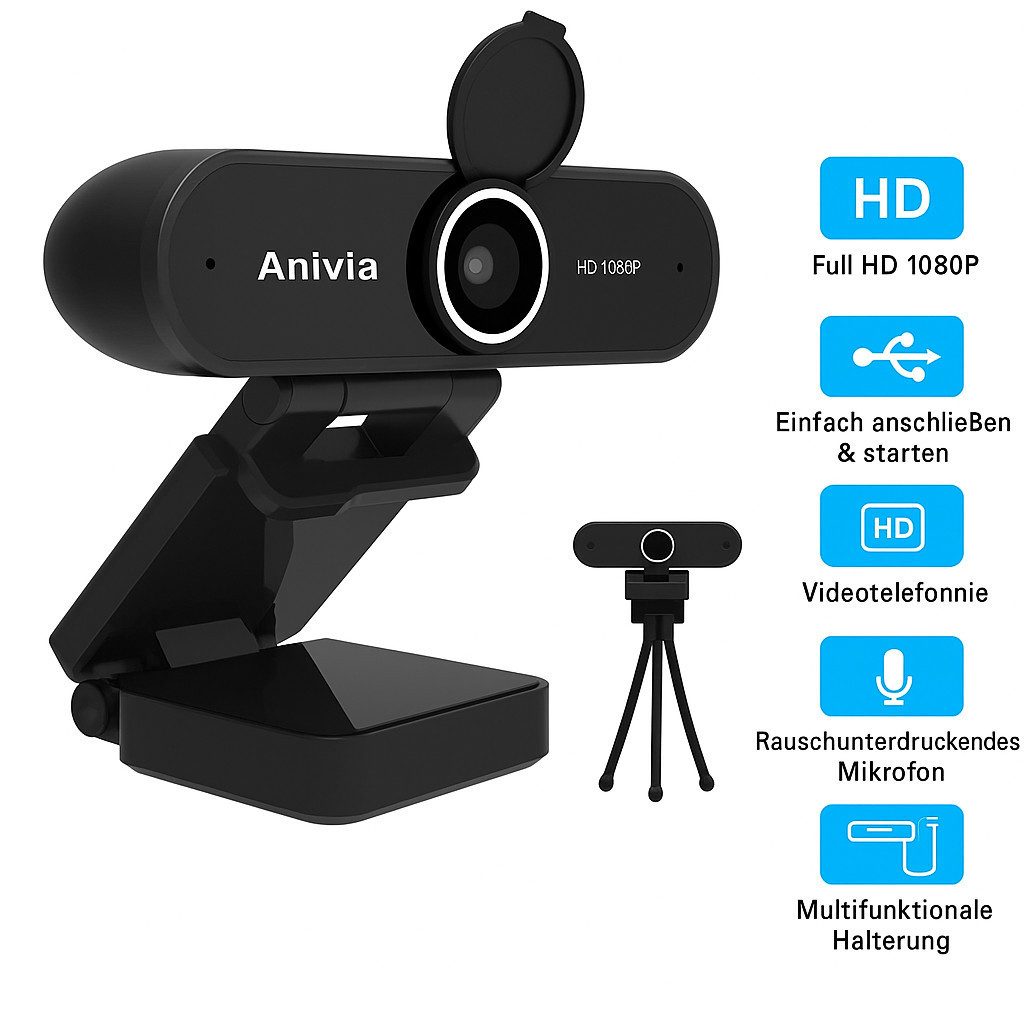 Anivia Full HD-Webcam (Full-HD, Auto Low-Light-Korrektur, Plug-and-Play, Breite Kompatibilität, Rauschunterdrückendes Mikrofon und 30 FPS für Flüssige Videoaufnahmen)