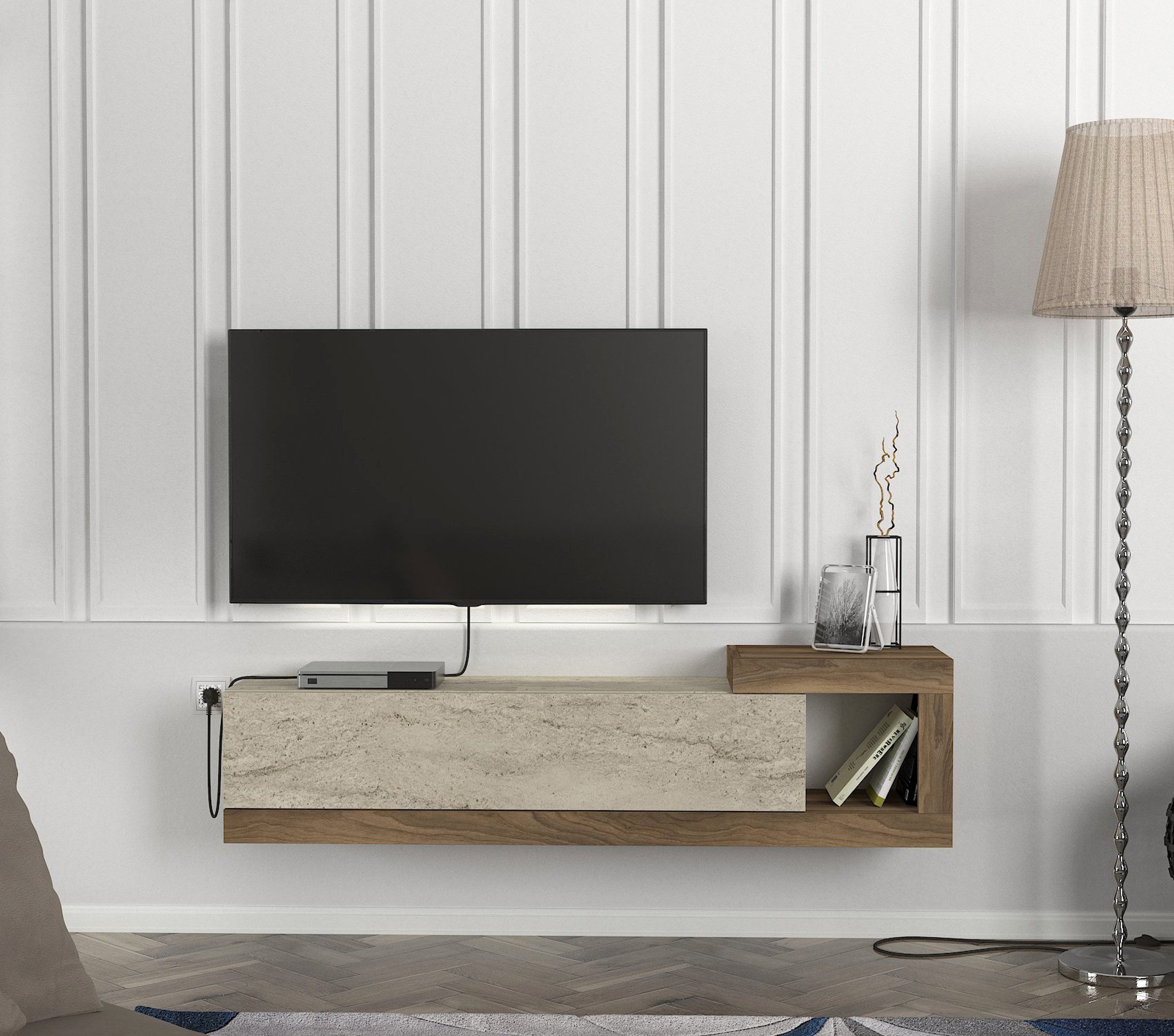 moebel17 Lowboard TV Lowboard Bliss, TV Schrank, Wandmontierte TV-Regale Mit Tür (Einzelmöbel, 1 St., Besteht aus 1 TV Lowboard), Pflegeleichte Oberfläche, Granitoptik