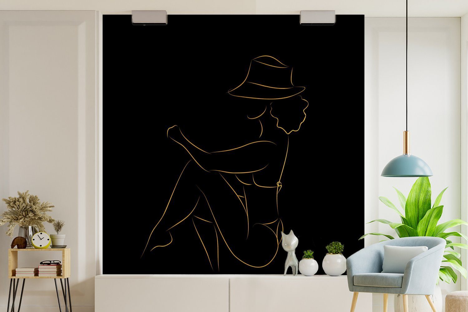 (5 St), Hut Vinyl oder Tapete MuchoWow Gold - - Schwarz Frau Fototapete Wohnzimmer für und bedruckt, Wandtapete Matt, - Strichzeichnung, Schlafzimmer,