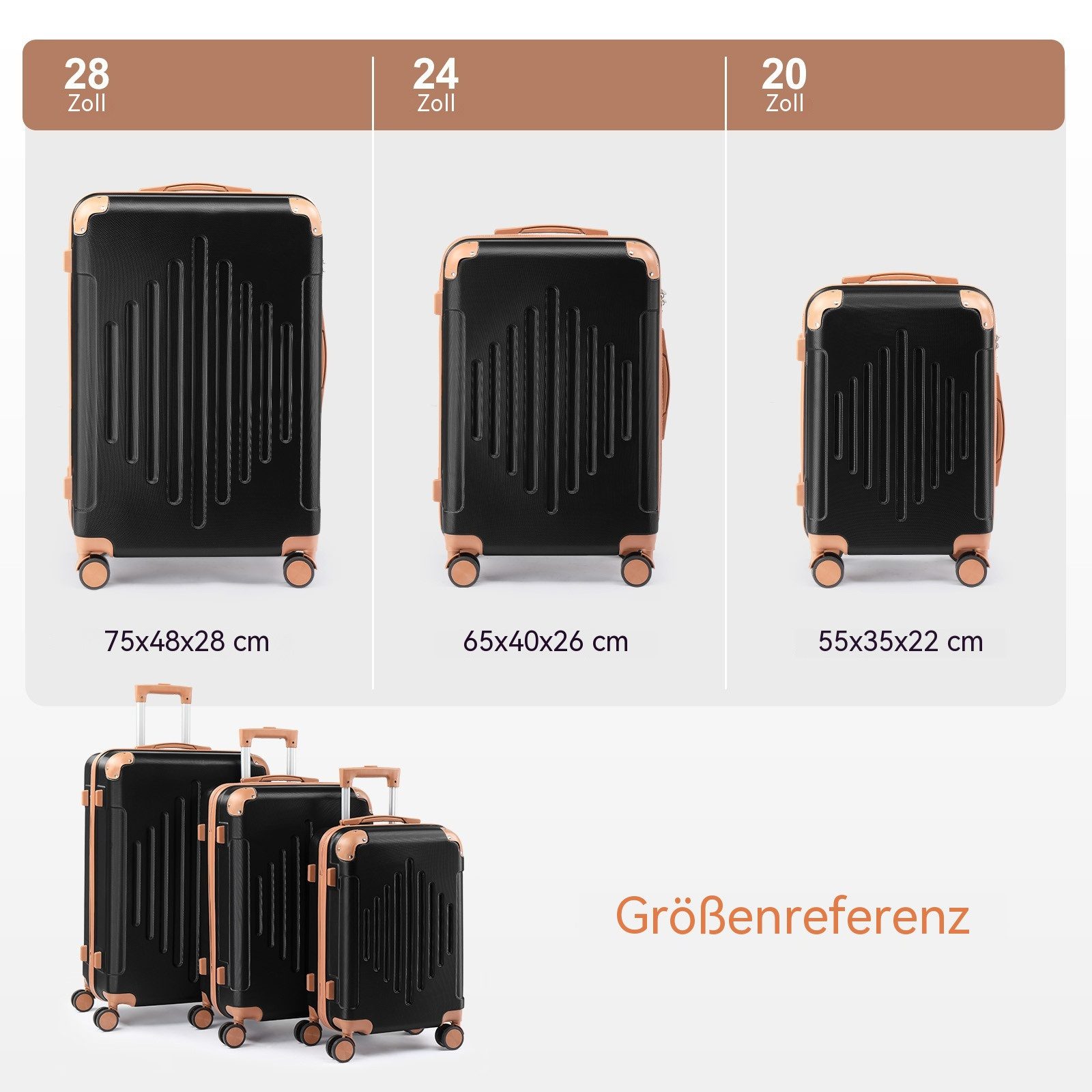 LALAHO Trolleyset Koffer set (M,L,XL) Rollkoffer, 4 Rollen, Handgepäck mit 360° Rollen, Teleskopstange, Schwarz