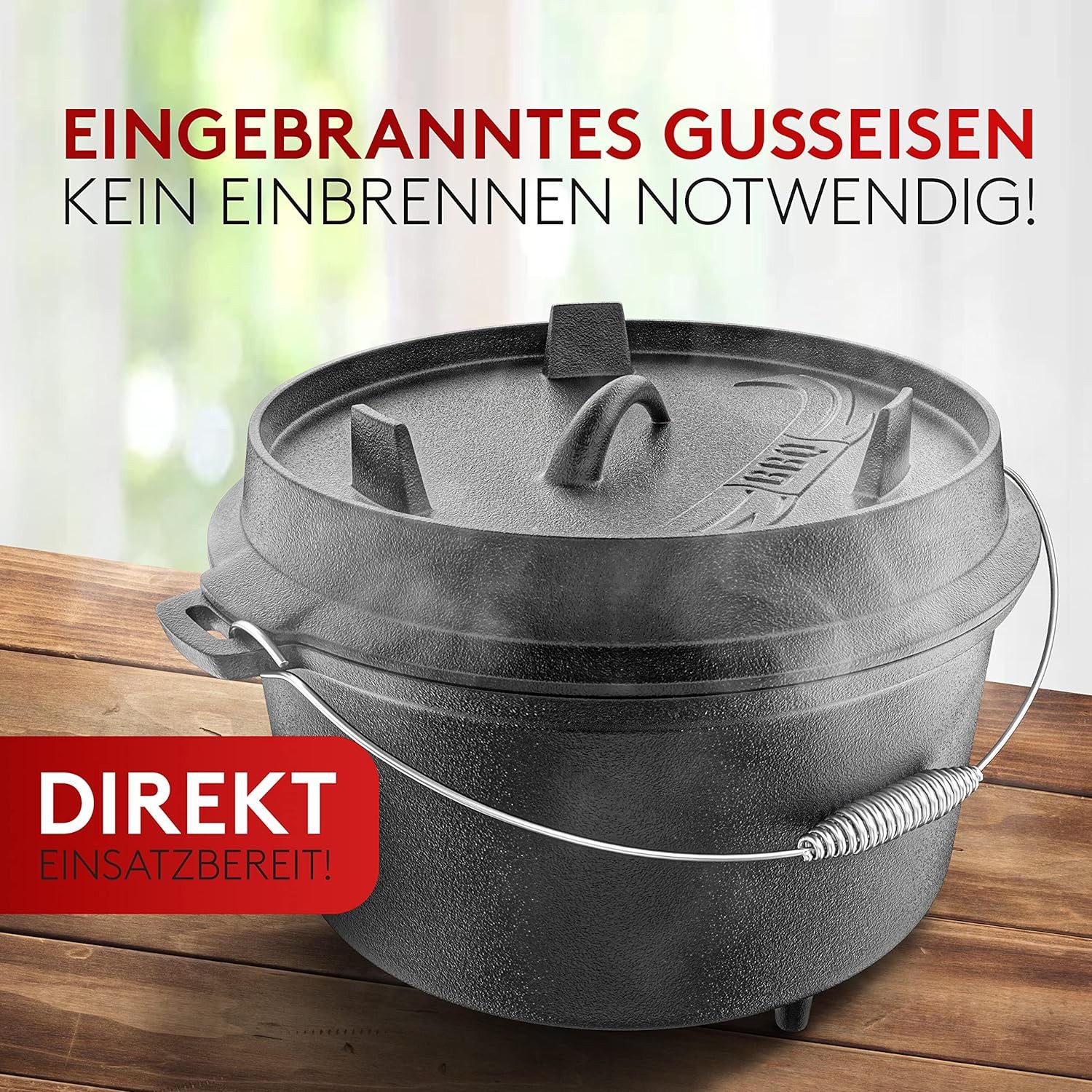 Taste of Fire Feuertopf BBQ Dutch Oven Feuertopf - Gusseisen Set 7L für Grill & Lagerfeuer, Gusseisen, Voreingebrannt inklusive Topfständer, Deckelheber und E-Book