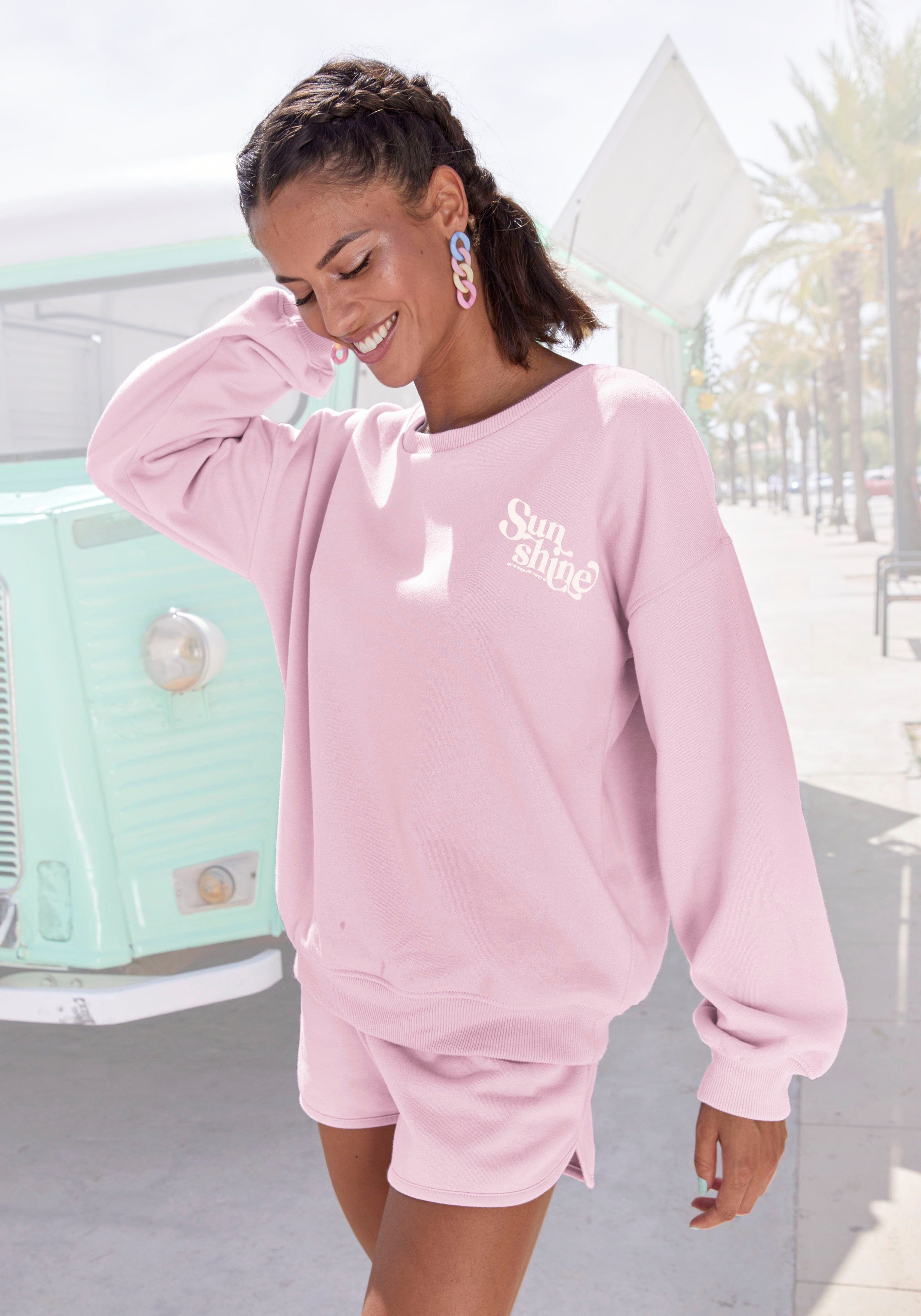 Buffalo Sweatshirt mit Rippbündchen und Sunshine Druck, Loungeanzug rosa | Sweatshirts