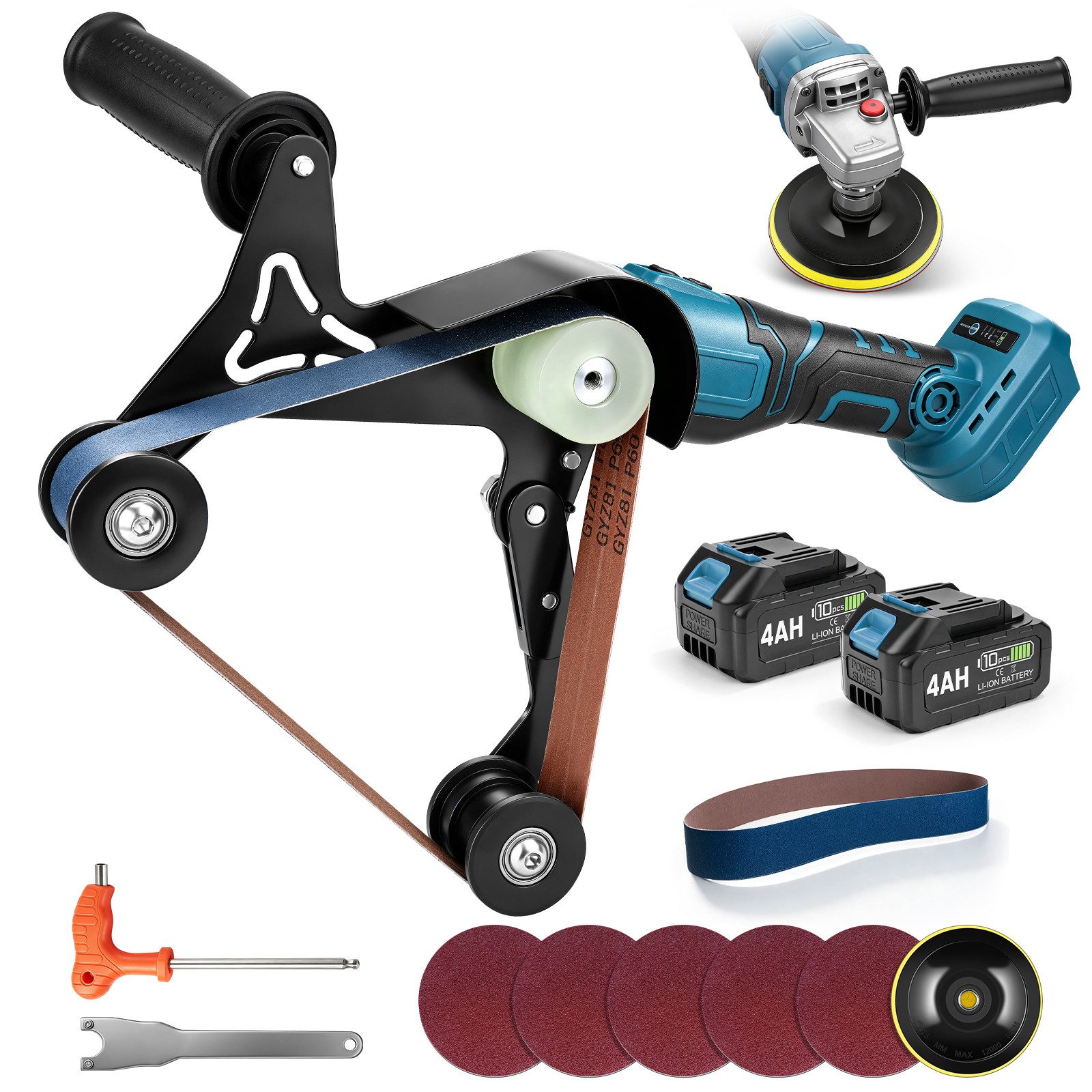 XERSEK Akku-Bandschleifer 3-IN-1 Rohrbandschleifer mit 2×4Ah Akku Rohrschleifer Schleifmaschine, max. 9000 U/min, (2 Schleifband, 3Gang 5500–9000U/min, 1200W Bürstenloser), 240° Umschlingung zum Polieren, Veredeln & Entrosten von Rohren