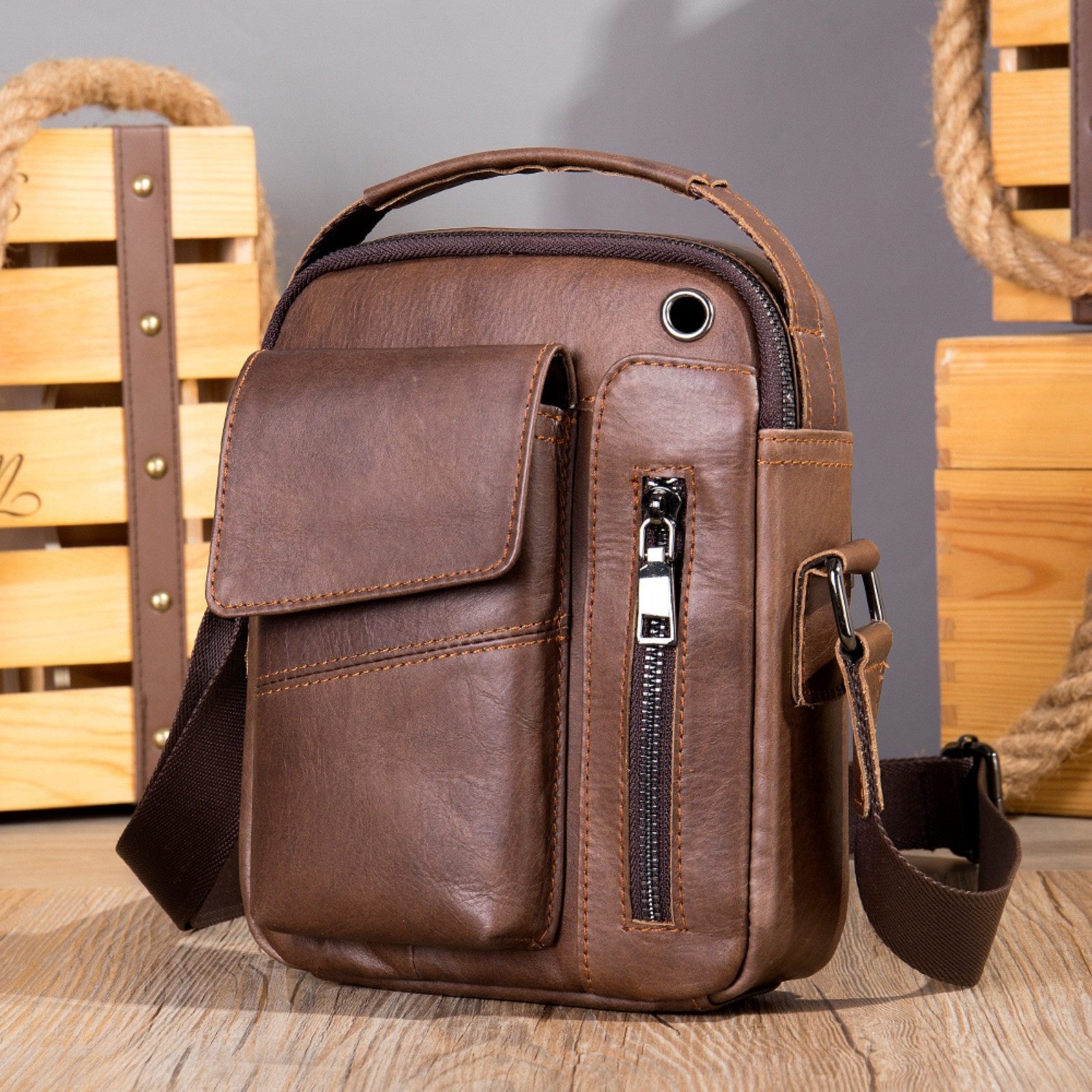 YUBRO-STUDIO Umhängetasche Herren Leder Schultertasche Crossbody Messenger günstig online kaufen