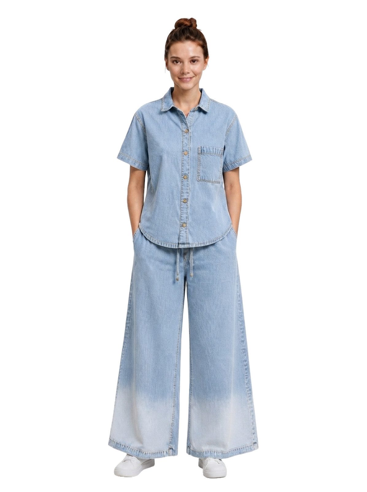 PfauGermany Tunikashirt OMBRE Dip-Dye-Look DENIM SET 2 Pcs Hembluse+Wide-Leg DenimHose