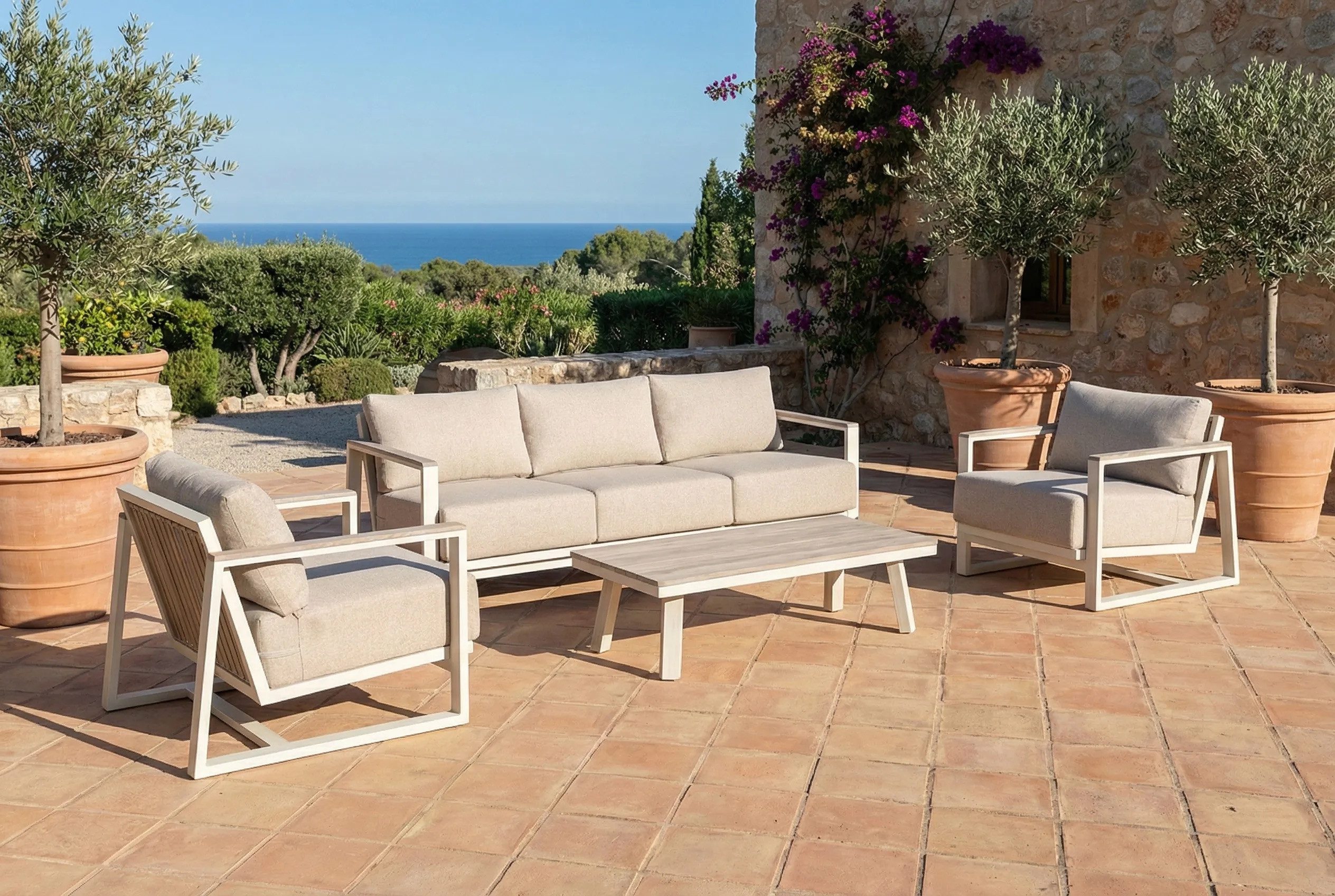 furrore Gartenlounge-Set "EVORA CAFFE" 2x Sessel + 3-Sitzer + Tisch, Beige/Anthrazit, Aluminium, Rope, Seil-Geflecht, Polywood, Scandi/Skandinavisch, Gartenmöbel-Set
