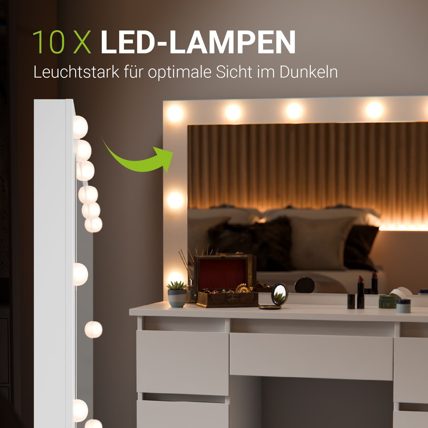 Juskys Schminktisch Lilia (2-St), LED-Beleuchtung, 3 Helligkeitsstufen, Hocker, 7 Schubladen, Stauraum