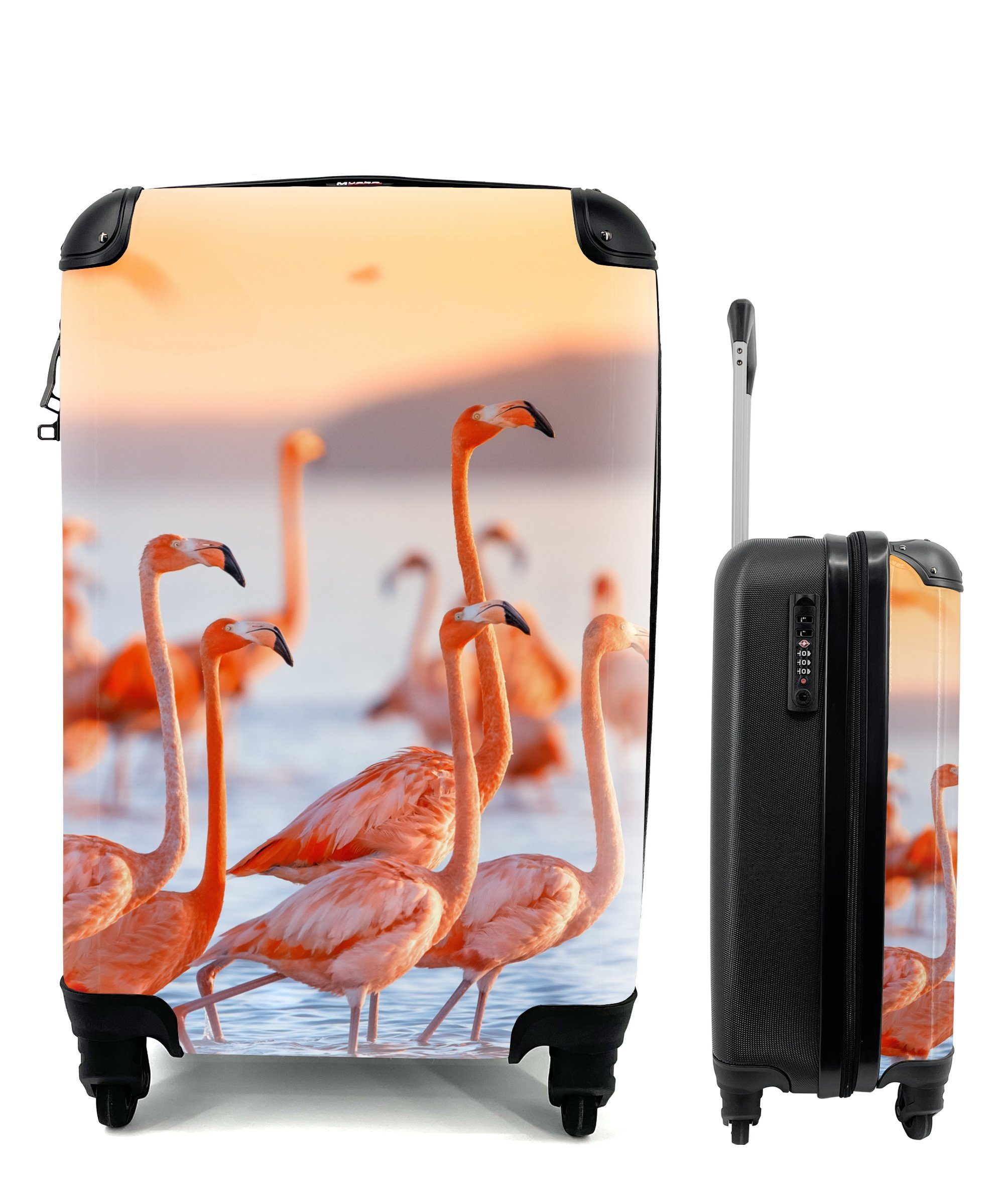 MuchoWow Handgepäckkoffer Flamingo - Tiere - Wasser - Rosa, 4 Rollen, Reisetasche mit rollen, Handgepäck für Ferien, Trolley, Reisekoffer